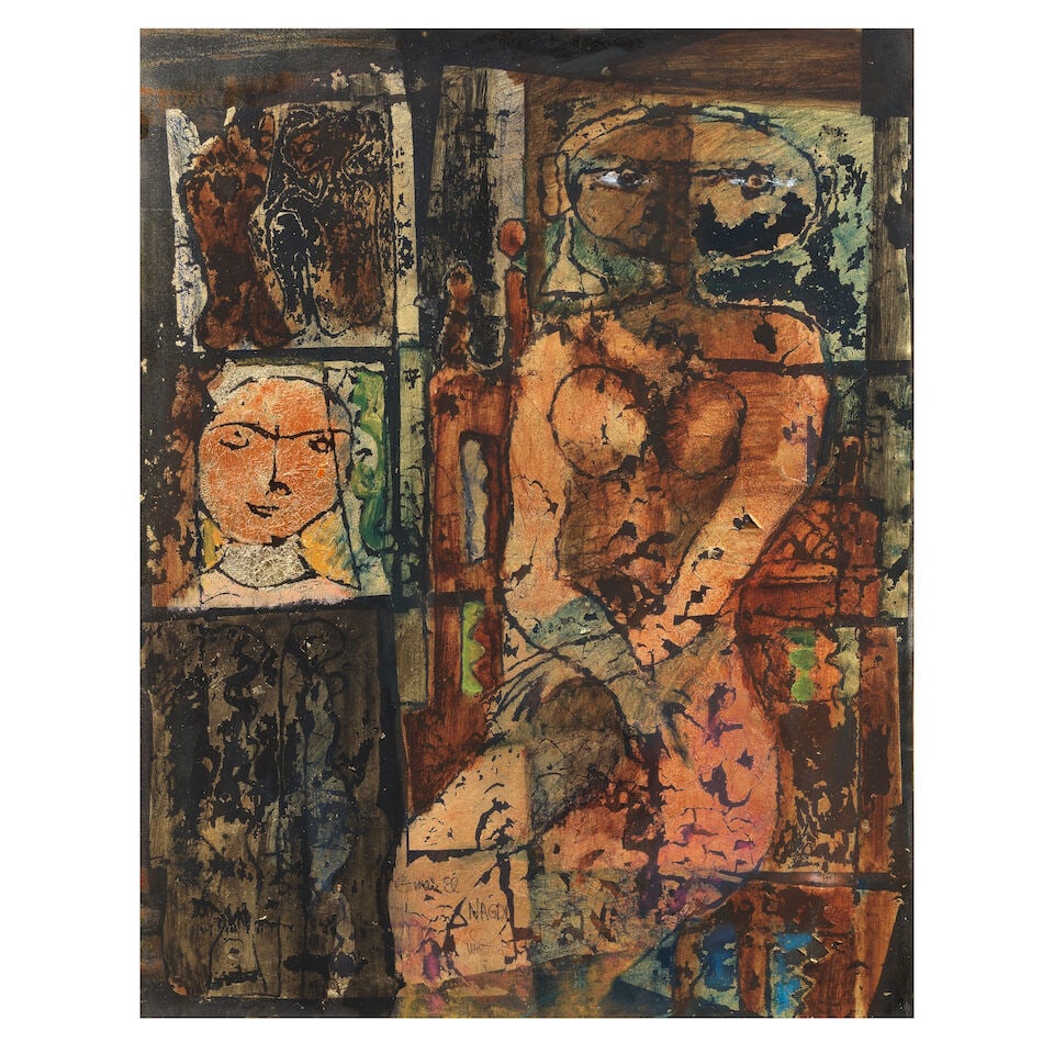 Omar El-Nagdi (Egypt, 1931-2019) Untitled: Omar El-Nagdi (Egypt, 1931-2019) Untitled mixed media and gold leaf on paper, framed signed 'Omar El Nagdi' (lower centre) 64 x 50cm (25 3/16 x 19 11/16in). Footnotes: Provenance: Property from a