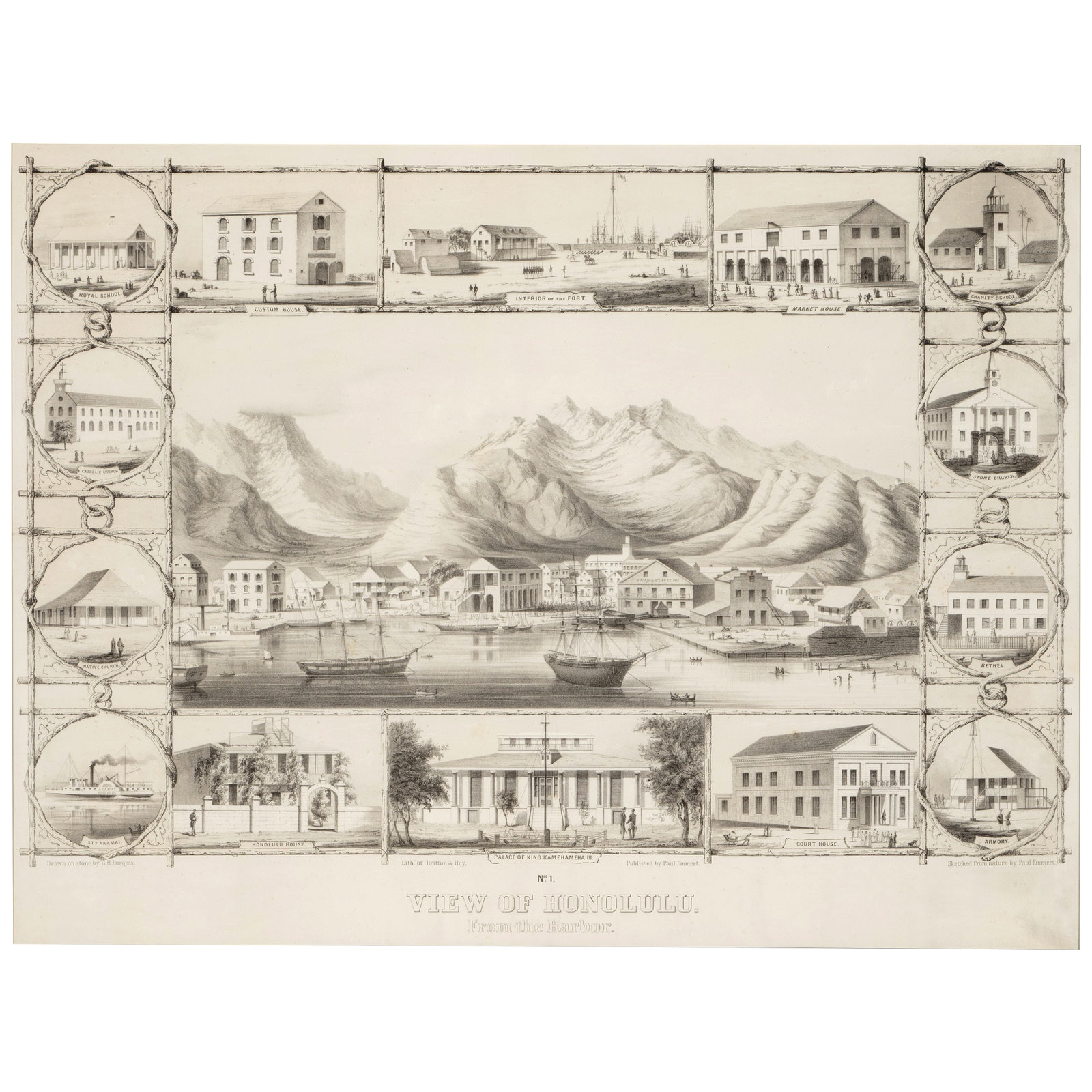 Paul Emmert (1826-1867); No. 1 View of Honolulu, from the Harbor; View of Honolulu and No. 2 Vie...: Paul Emmert (1826-1867) No. 1 View of Honolulu, from the Harbor; View of Honolulu and No. 2 View from Honolulu, from the Catholic Church, 1854 A group of three lithographs on wove paper, drawn on ston