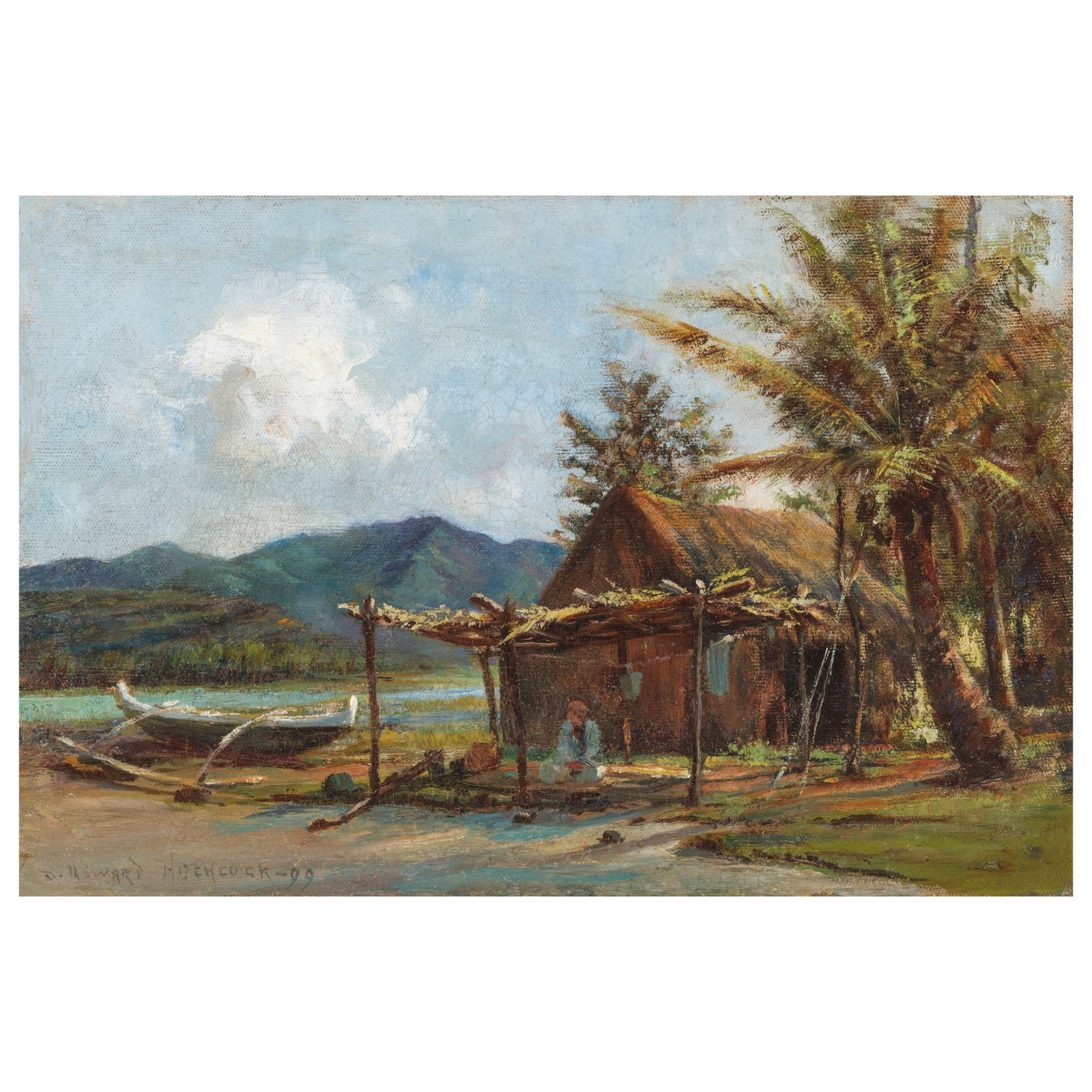 David Howard Hitchcock (1861-1943) Landscape with Outrigger Canoe and Hale Pili 12 x 18 in. (Pai... (1 of 1)