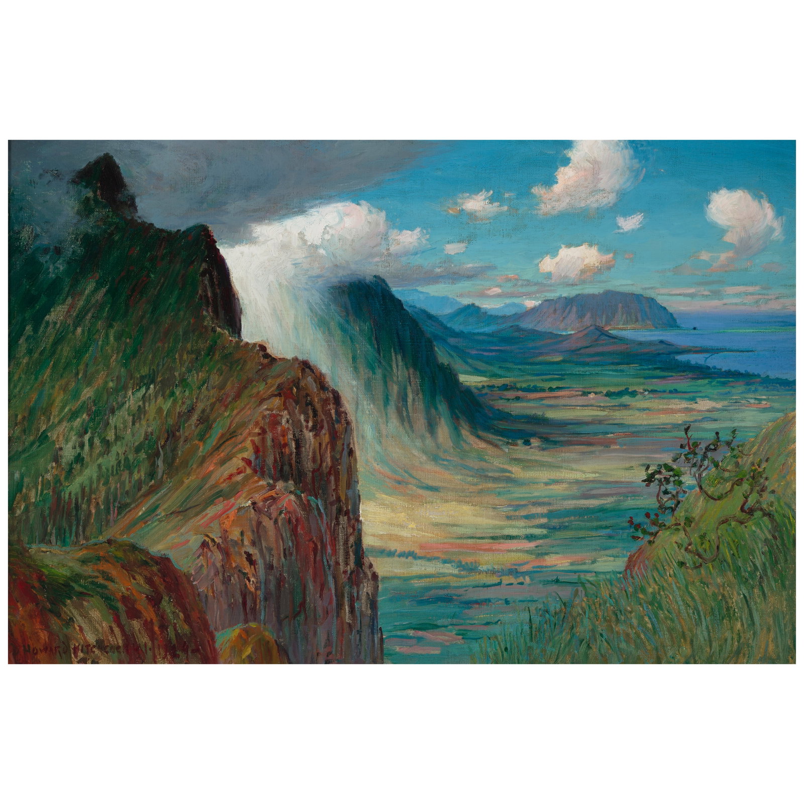 David Howard Hitchcock (1861-1943) Nuʻuanu Pali Lookout, Oʻahu 20 x 30 in. (Painted in...: David Howard Hitchcock (1861-1943) Nuʻuanu Pali Lookout, Oʻahu signed, inscribed and dated 'D Howard Hitchcock HI 1929- ' (lower left) oil on canvas affixed to board 20 x 30 in. Painted in 1
