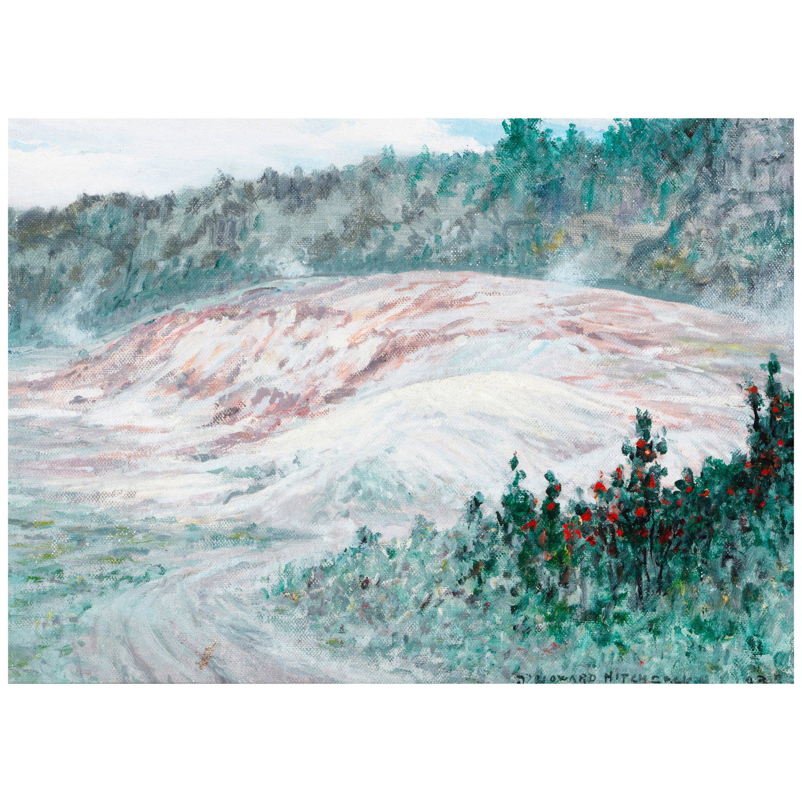 David Howard Hitchcock (1861-1943) Sulphur Banks - Volcano Kīlauea 11 1/2 x 16 in. (Painted...: David Howard Hitchcock (1861-1943) Sulphur Banks - Volcano Kīlauea signed, inscribed and dated 'D. HOWARD HITCHCOCK H.I. 1937' (lower right) and titled (on the reverse) oil on canvas laid to boar