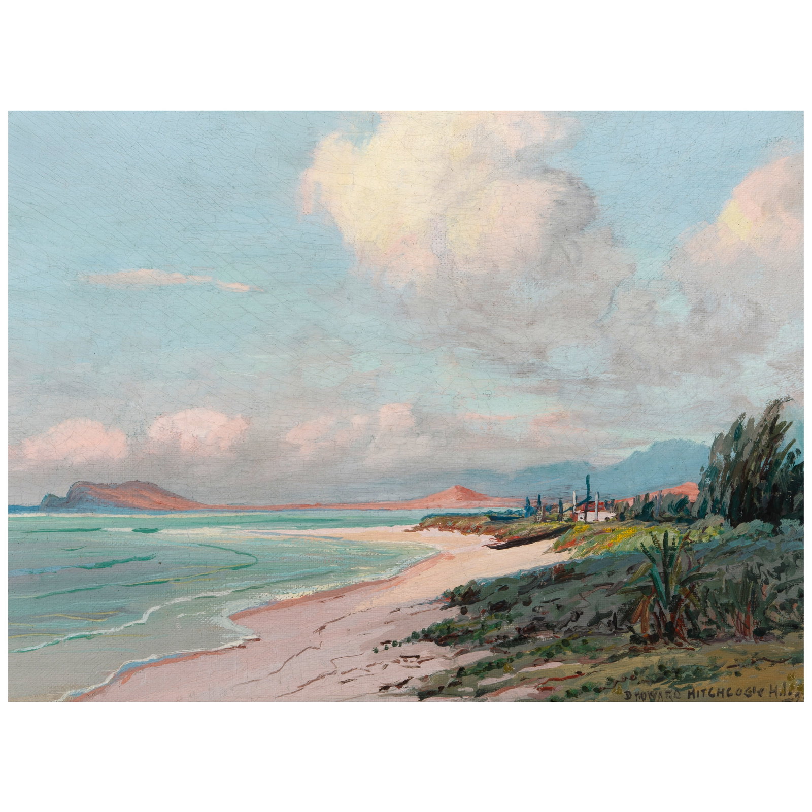 David Howard Hitchcock (1861-1943) Windward, Oʻahu on Kāne'ohe Bay 12 x 16 in.: David Howard Hitchcock (1861-1943) Windward, Oʻahu on Kāne'ohe Bay signed and dated 'D. HOWARD HITCHCOCK H.I.' (lower right) oil on canvas affixed to board 12 x 16 in. Footnotes: Provenance