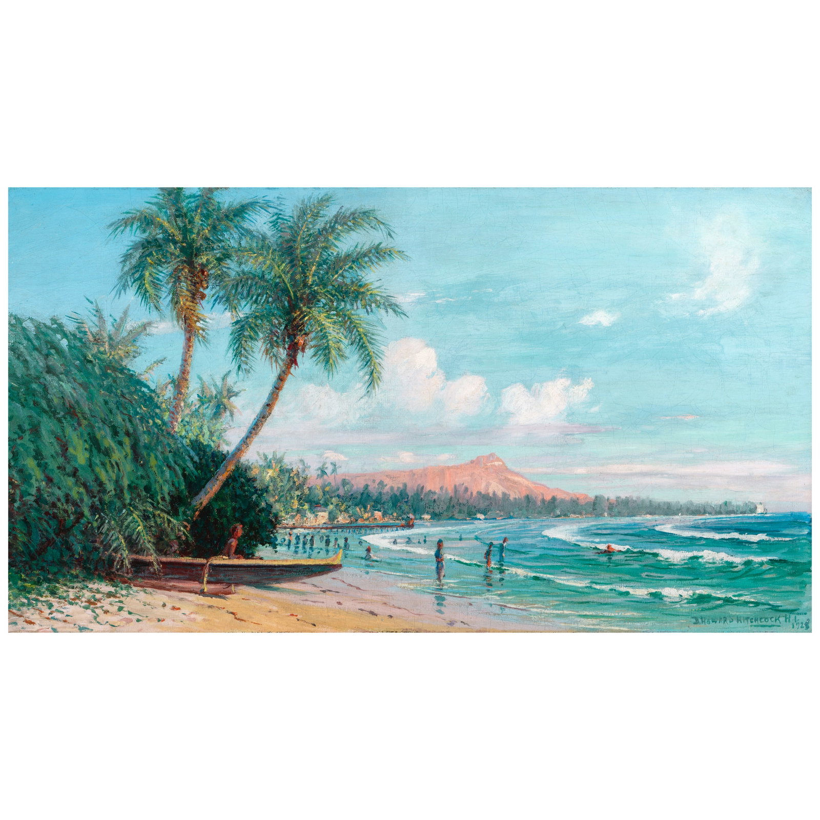 David Howard Hitchcock (1861-1943) Waikiki Beach, Diamond Head, Oʻahu 20 x 36 in. (Painted ... (1 of 1)