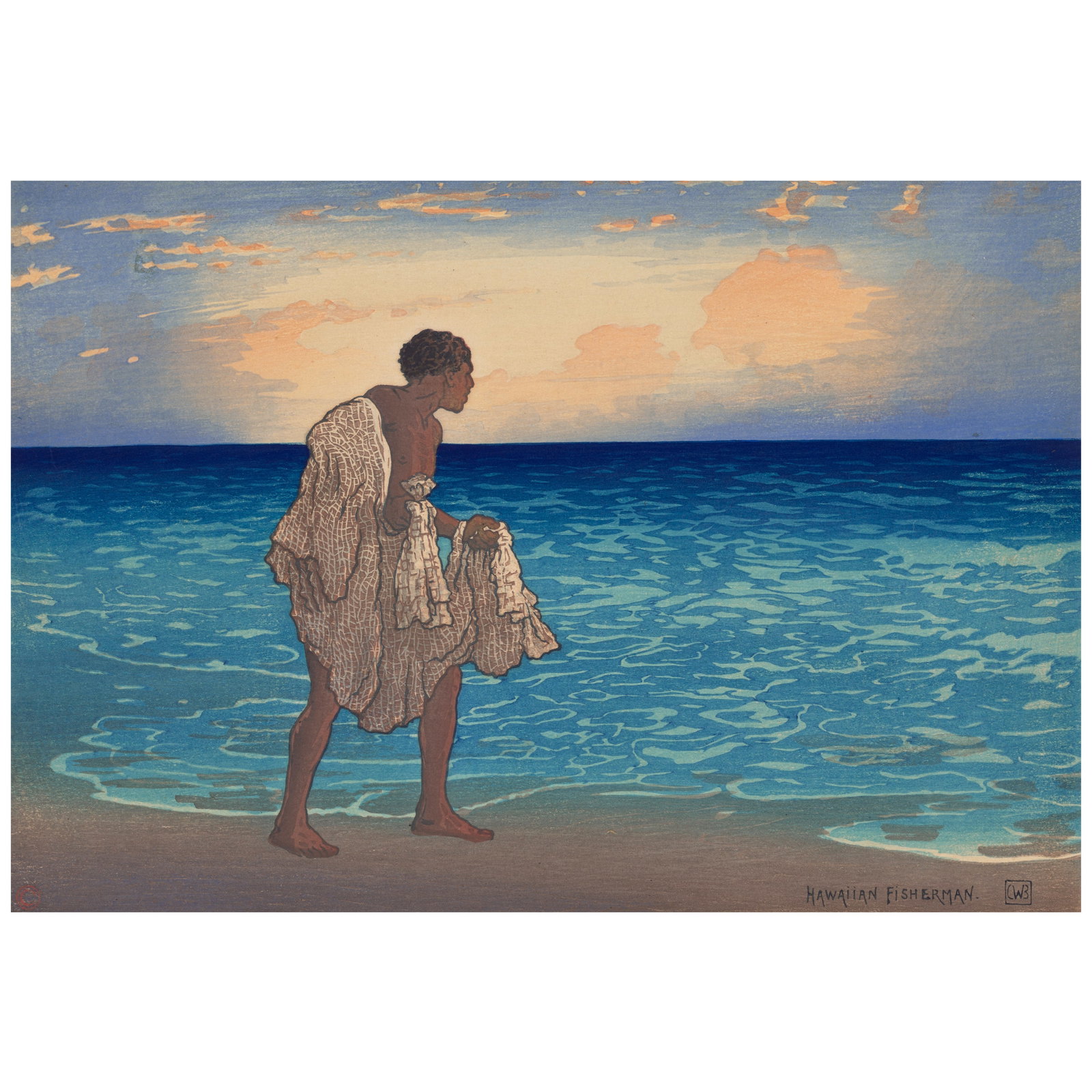 Charles William Bartlett (1860-1940); Hawaiian Fisherman;: Charles William Bartlett (1860-1940) Hawaiian Fisherman (Miles & Saville 48), c. 1919 Woodcut in colors on japon paper, signed in brown crayon (attenuated), with margins, framed. 10 x 14 1/2in (25.4 x