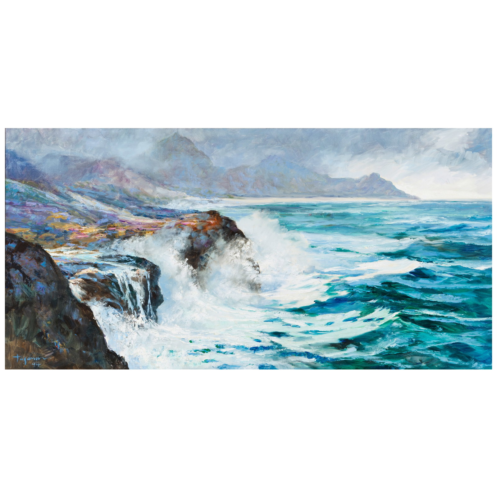 Hiroshi Tagami (1929-2014) Kauaʻi Surf 24 x 48 in. (Painted in 1994.): Hiroshi Tagami (1929-2014) Kauaʻi Surf signed and dated 'Tagami 94' (lower left), signed again, titled, inscribed and dated '11/94' (on the reverse) oil on canvas 24 x 48 in. Painted in 1994. Foo