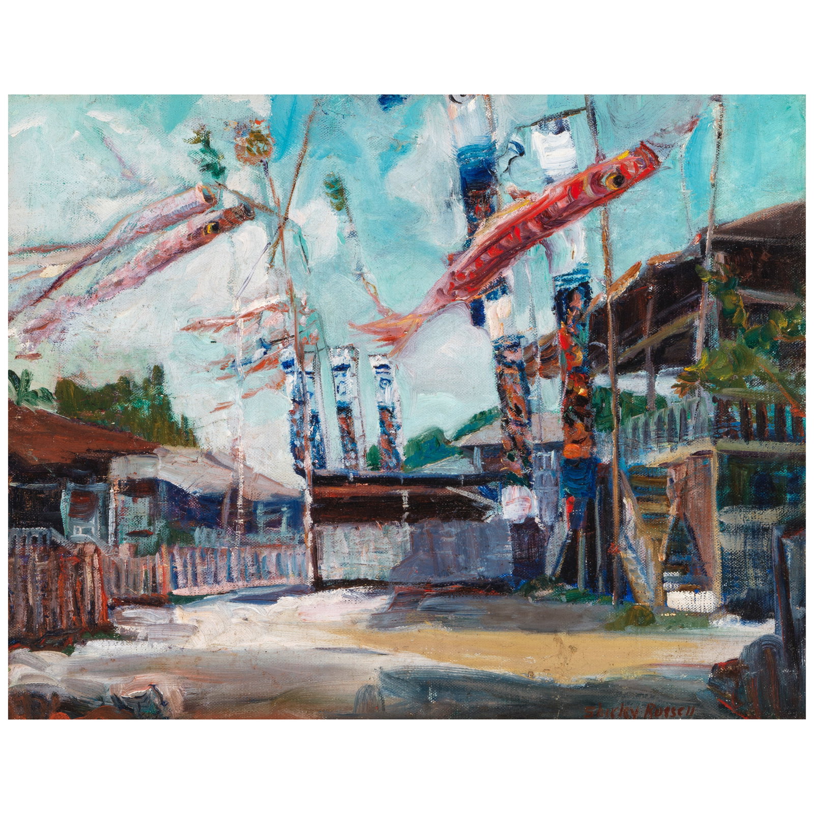 Shirley Ximena Hopper Russell (1886-1985) Boy's Day Banners, Kalihi 14 x 18 in. (Painted circa 1...: Shirley Ximena Hopper Russell (1886-1985) Boy's Day Banners, Kalihi signed 'Shirley Russell' (lower right) oil on canvas 14 x 18 in. Painted circa 1935. Footnotes: Provenance The est