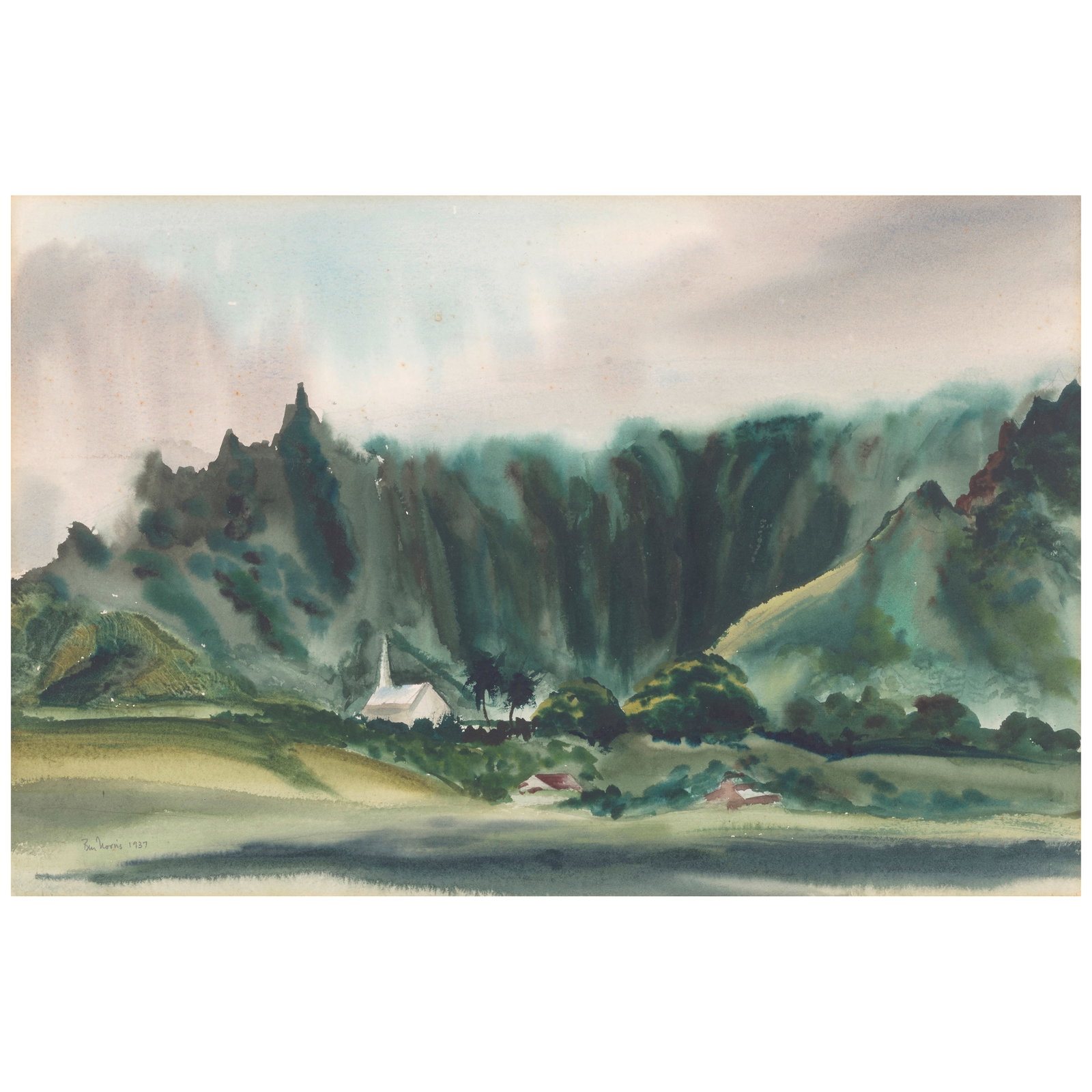 Ben (Robert Benjamin) Norris (1910-2006) View of the Koʻolau Mountains, Windward, Oʻah...: Ben (Robert Benjamin) Norris (1910-2006) View of the Koʻolau Mountains, Windward, Oʻahu signed and dated 'Ben Norris 1937' (lower left) watercolor and pencil on paper sight 14 3/4 x 22 1/4 i