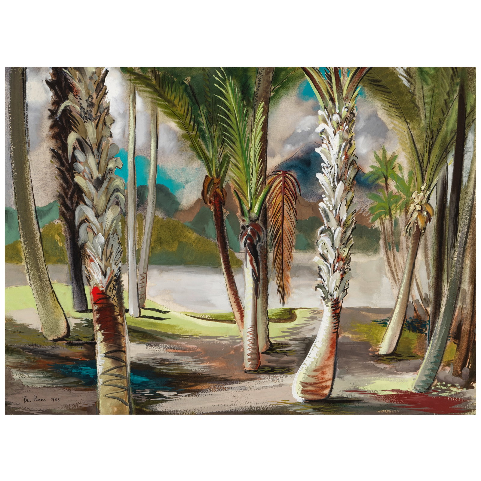 Ben (Robert Benjamin) Norris (1910-2006) Palm Grove sheet 23 x 31 in. (Painted in 1945.): Ben (Robert Benjamin) Norris (1910-2006) Palm Grove signed and dated 'Ben Norris 1945' (lower left), signed again and titled (on the reverse) gouache on paper sheet 23 x 31 in. Painted in 1945. Footno
