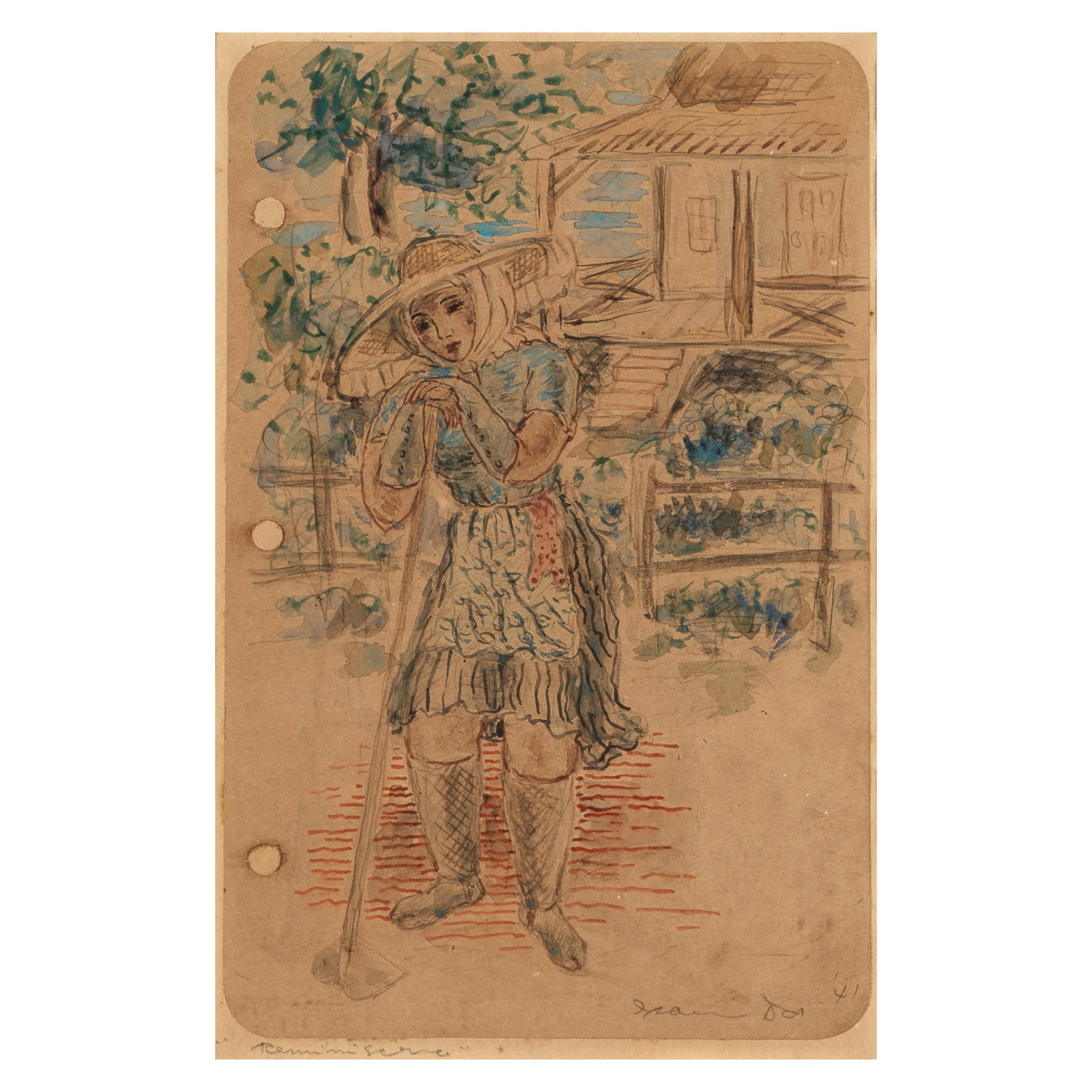 Isami Doi (1903-1965) Reminiscence 8 1/2 x 5 1/2 in. Painted in 1941.: Isami Doi (1903-1965) Reminiscence signed and dated 'Isami Doi '41' (lower right), titled (lower left) watercolor and pencil on paper 8 1/2 x 5 1/2 in. Painted in 1941. Footnotes: Provenance