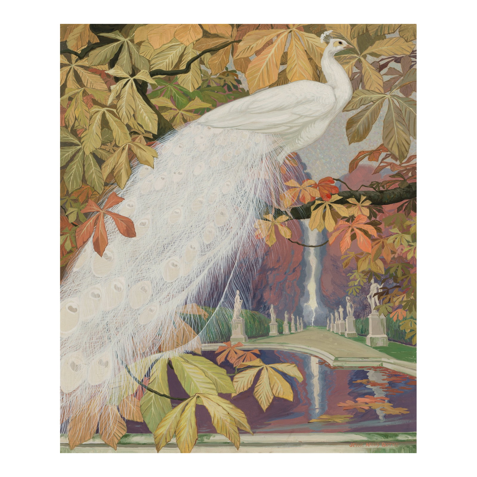 Jessie Arms Botke (1883-1971) White Peacock on a Branch (Parc de Saint-Cloud) 30 x 25 1/2 in. (P...: Jessie Arms Botke (1883-1971) White Peacock on a Branch (Parc de Saint-Cloud) signed 'JESSIE ARMS BOTKE' (lower right) oil on panel 30 x 25 1/2 in. Painted circa mid-late 1920s. Footnotes: Provenan