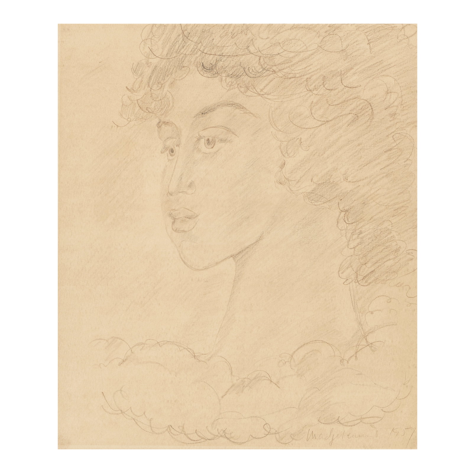 Madge Tennent (1889-1972) Portrait of a Woman in Profile sight 20 x 17 in. (Drawn in 1957.): Madge Tennent (1889-1972) Portrait of a Woman in Profile signed and dated 'Madge Tennent 1957' (lower right) colored pencil on paper sight 20 x 17 in. Drawn in 1957. Footnotes: Provenance Joanne a