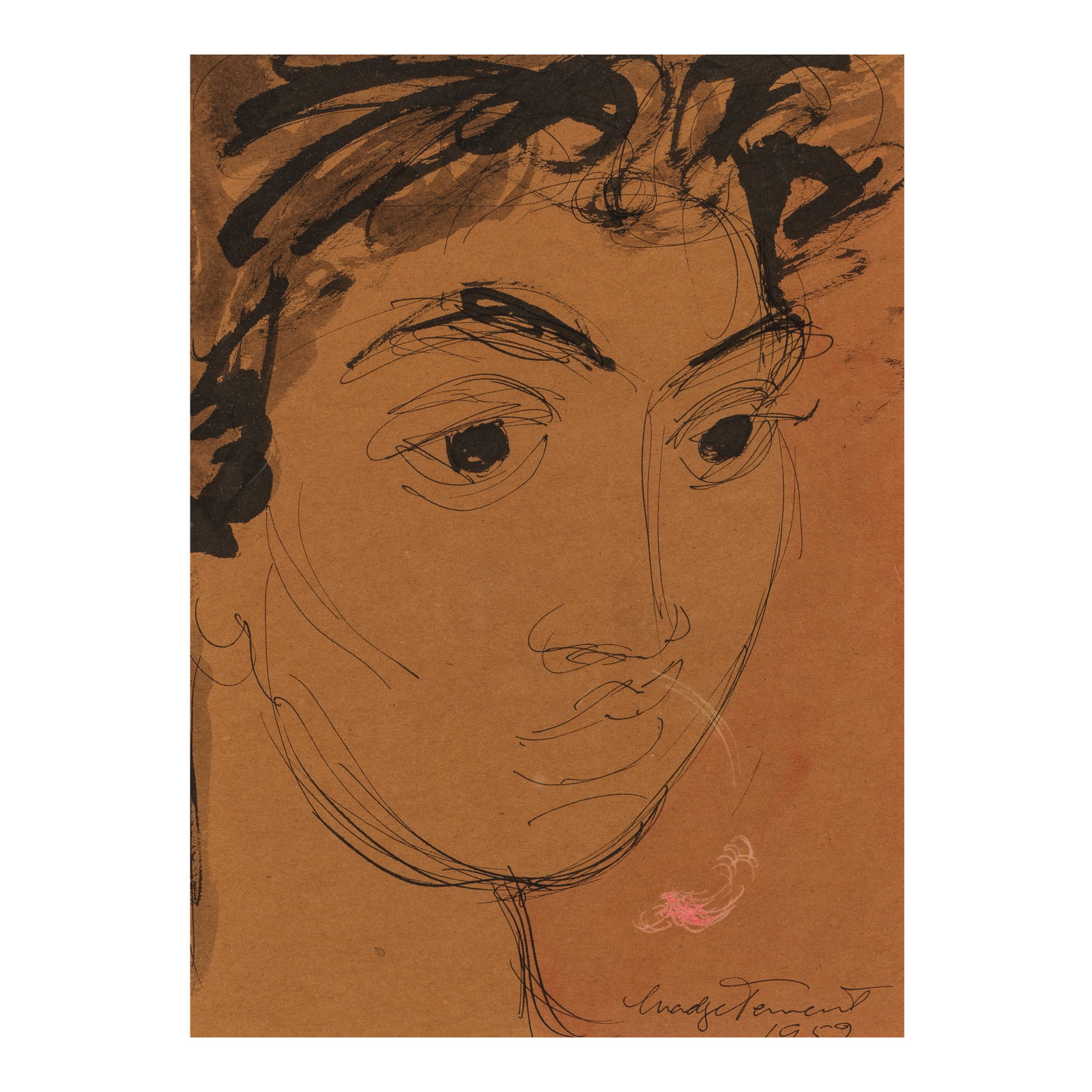 Madge Tennent (1889-1972) Portrait Head of a Woman sight 11 1/2 x 8 1/2 in. (Drawn in 1952.): Madge Tennent (1889-1972) Portrait Head of a Woman signed and dated 'Madge Tennent 1952' (lower right), dedicated, inscribed, signed and dated again 'To Patricia Nicholson / With aloha from Madge Tenn