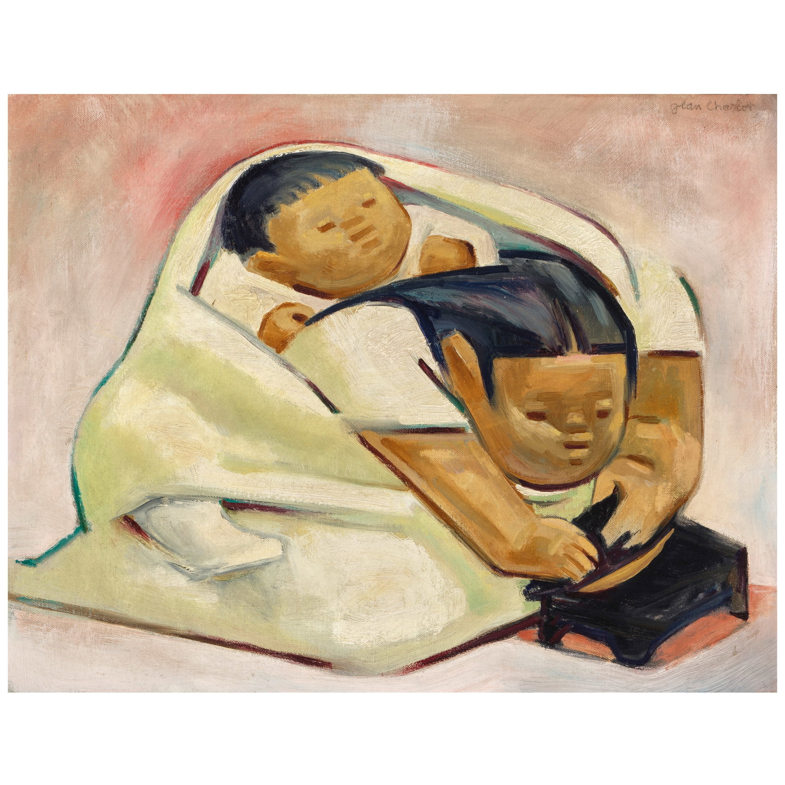 Jean Charlot (1898-1979) Rest and Work, Pink Background 14 1/4 x 18 1/4 in. (Painted in 1939.): Jean Charlot (1898-1979) Rest and Work, Pink Background signed 'Jean Charlot' (upper right) oil on canvas 14 1/4 x 18 1/4 in. Painted in 1939. Footnotes: Provenance Christie's, New York, Oc