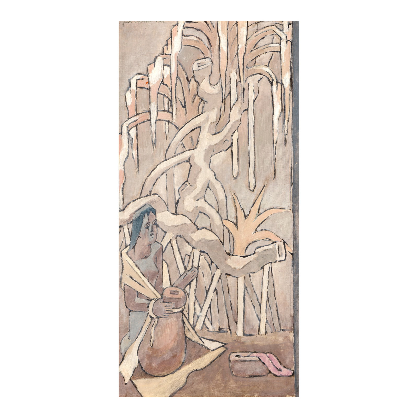 Jean Charlot (1898-1979) Ipu Player, Red Lei in Calabash 20 x 10 in. (Painted in 1965.) (1 of 1)