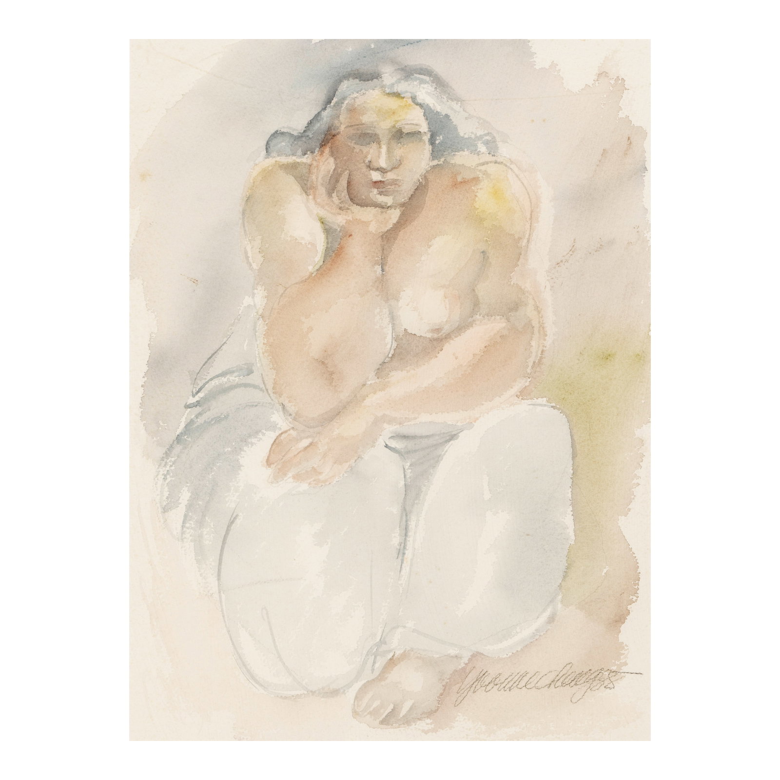 Yvonne Cheng (born 1941) Portrait of a Seated Woman with One Hand on Chin sight 15 1/2 x 11 1/2 ...: Yvonne Cheng (born 1941) Portrait of a Seated Woman with One Hand on Chin signed and dated 'Yvonne Cheng 88' (lower right) watercolor and ink on paper sight 15 1/2 x 11 1/2 in. Painted in 1988. Footno