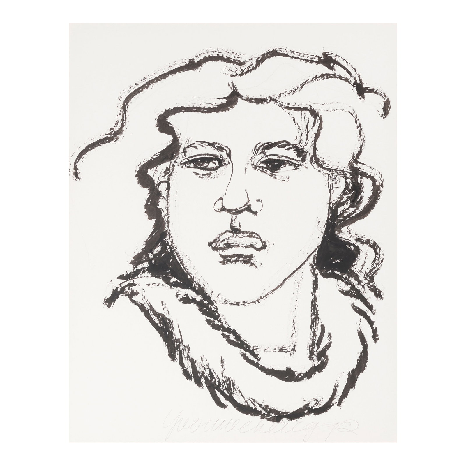 Yvonne Cheng (born 1941) Head of a Woman with Feather Lei sight 23 x 18 in. (Painted in 1992.): Yvonne Cheng (born 1941) Head of a Woman with Feather Lei signed and dated 'Yvonne Cheng 92' (lower right) ink on paper sight 23 x 18 in. Painted in 1992. Footnotes: Provenance Private coll