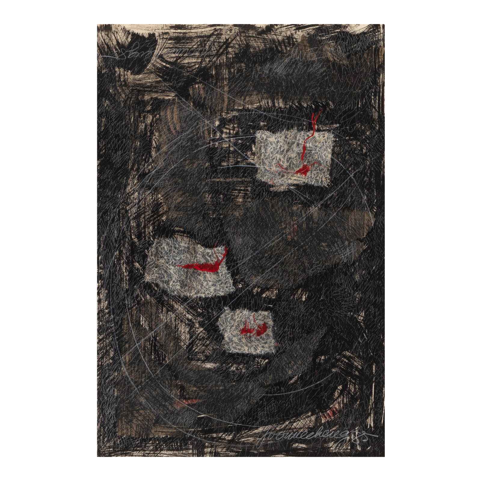 Yvonne Cheng (born 1941) Marathon sight 39 x 26 in. (Executed in 1985.): Yvonne Cheng (born 1941) Marathon signed and dated 'Yvonne Cheng 85' (upper left and lower right), titled and dated '1985' (on the backing) mixed media (ink and brush, graphite, silver pen, collage an