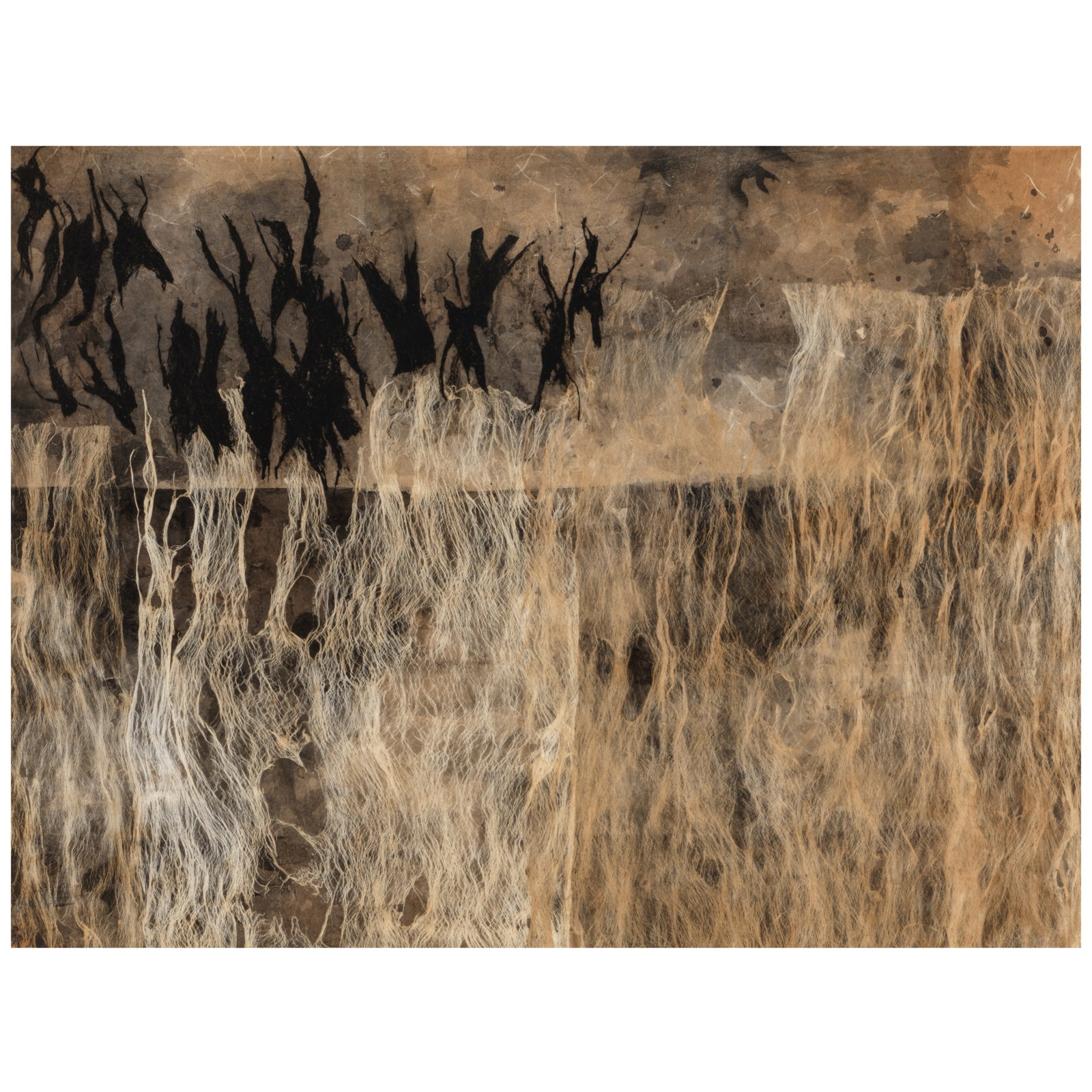 Betty Ecke (Tseng Yu-Ho) (1925-2017) Mana 24 x 32 in. (Executed in 1962.): Betty Ecke (Tseng Yu-Ho) (1925-2017) Mana sealed in Chinese (lower left), signed, dated and titled 'Tseng Yu-Ho 1962' (on the reverse) dsui hua (ink, acrylic, bark fiber and paper collage on rice pape