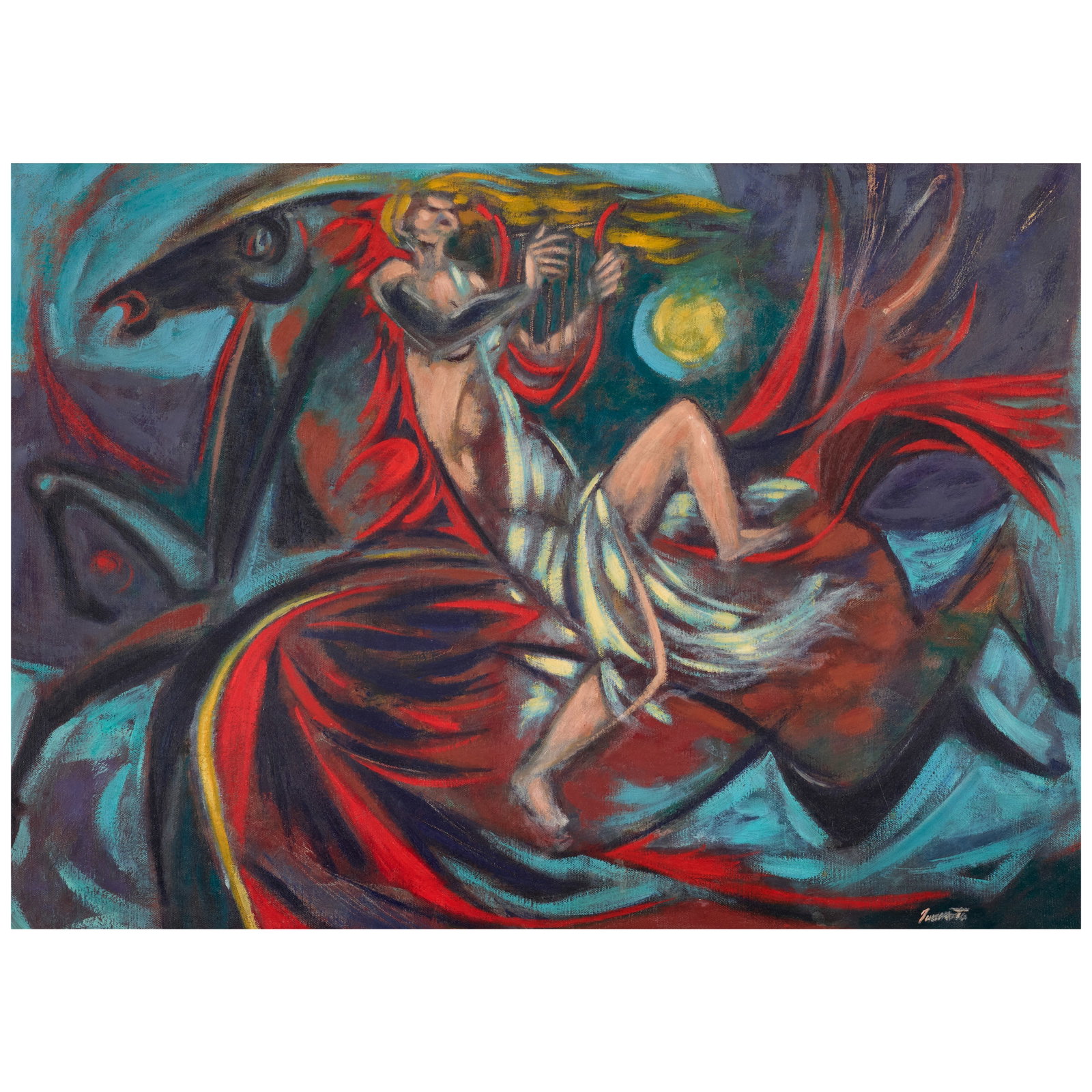 Ralph Iwamoto (1927-2013) Erato and Pegasus 20 x 28 in. (50.8 x 71.1 cm.): Ralph Iwamoto (1927-2013) Erato and Pegasus signed 'Iwamoto' (lower right) oil on canvas 20 x 28 in. (50.8 x 71.1 cm.) Footnotes: Provenance The artist. William Yukon Chang (1916-2019), New York,