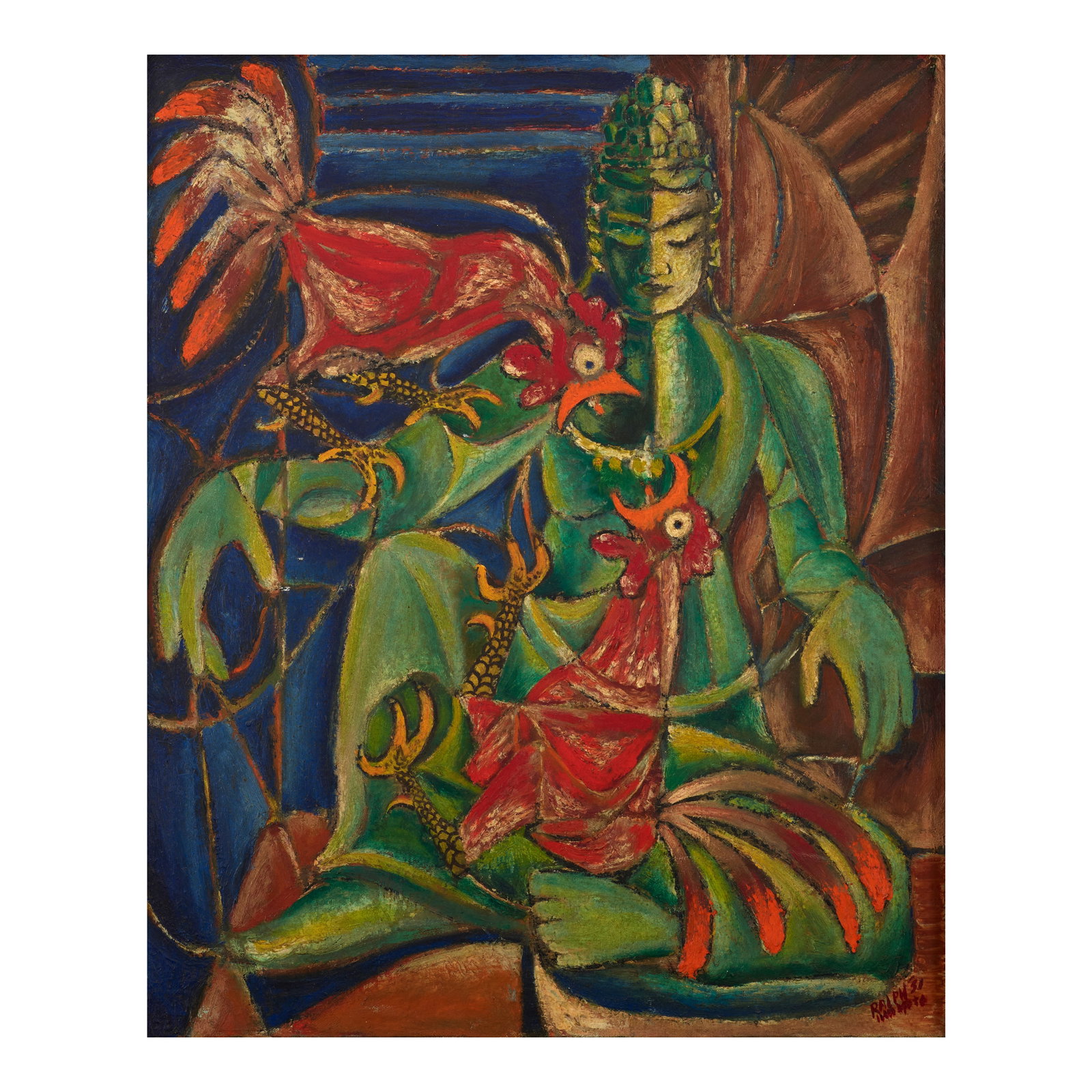 Ralph Iwamoto (1927-2013) Bodhisattva with Roosters 24 x 20 in. (61 x 50.8 cm.) (Painted in 1951.) (1 of 1)