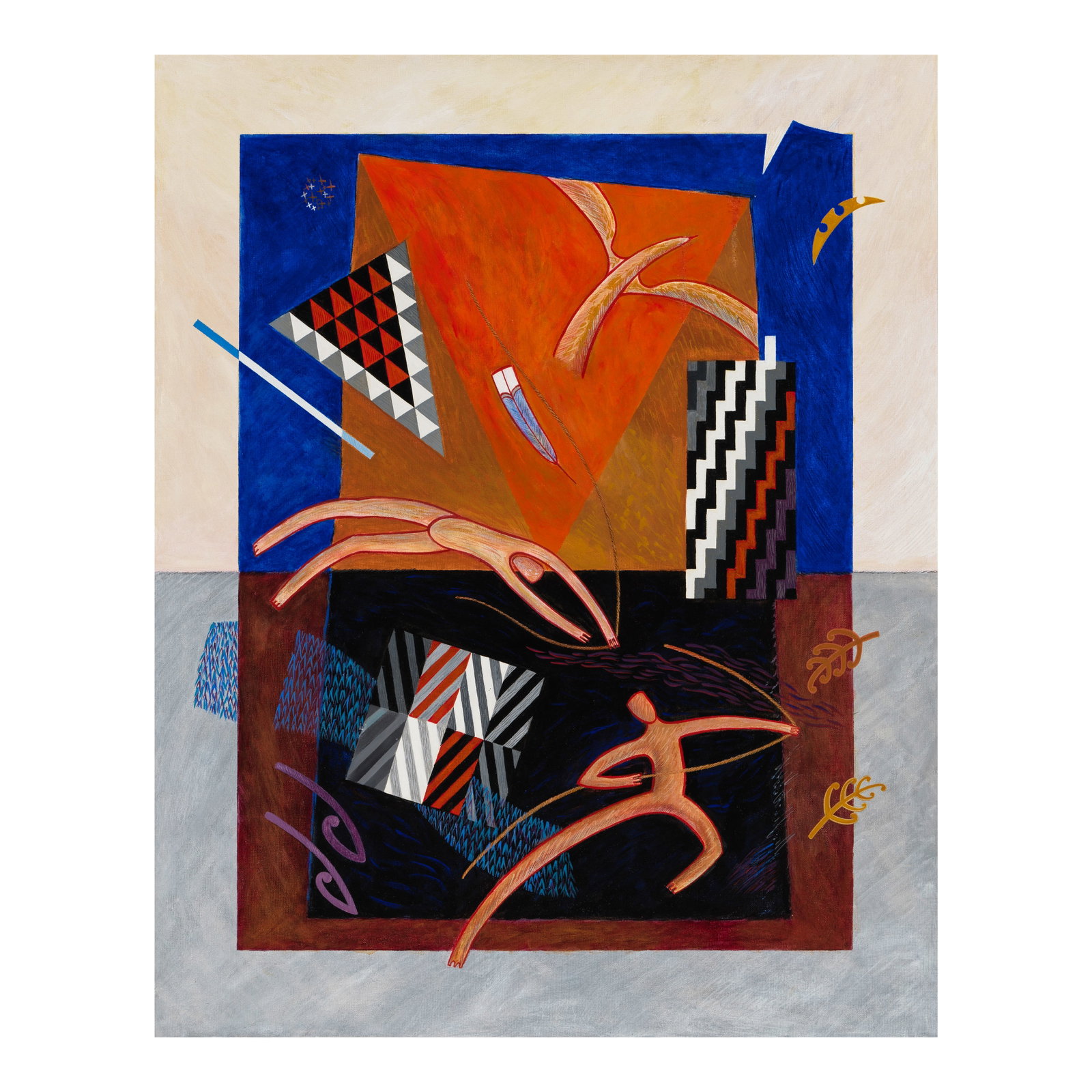 A Sandy (Raymond Henry) Adsett painting: Sandy (Raymond Henry) Adsett M.N.Z.M. Māori, (born 1939) Untitled (figures in motion on an abstract field) signed and inscribed 'Sandy Adsett, New Zealand' (verso) acrylic on canvas 38 7/8 x 31 1