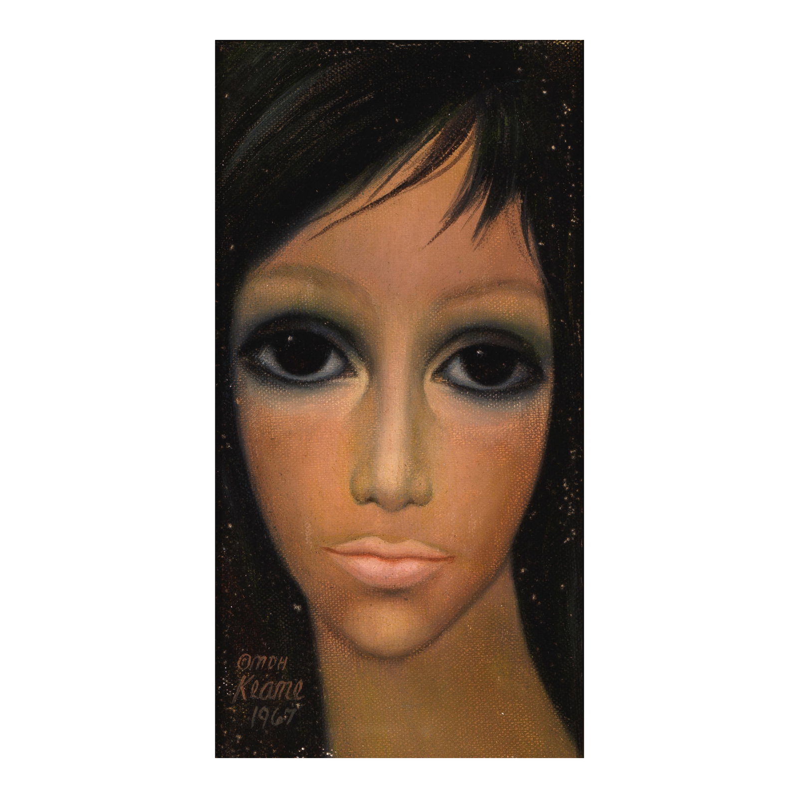 Margaret D.H. Keane (1927-2022) Portrait of a Woman 8 3/8 x 4 1/2 in. (Painted in 1967.): Margaret D.H. Keane (1927-2022) Portrait of a Woman signed '© MDH Keane 1967' (lower left) oil on canvas laid to Masonite 8 3/8 x 4 1/2 in. Painted in 1967. Footnotes: Provenance The artist.<