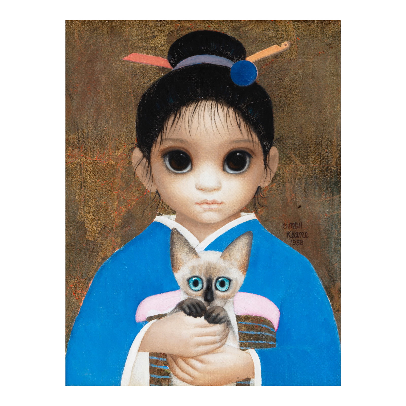 Margaret D.H. Keane (1927-2022) Little Girl in Blue Kimono with Siamese Kitten 14 x 11 in. (Pain...: Margaret D.H. Keane (1927-2022) Little Girl in Blue Kimono with Siamese Kitten signed and dated '© MDH Keane 1988' (center right) oil and gold leaf on canvas 14 x 11 in. Painted in 1988. Footnote