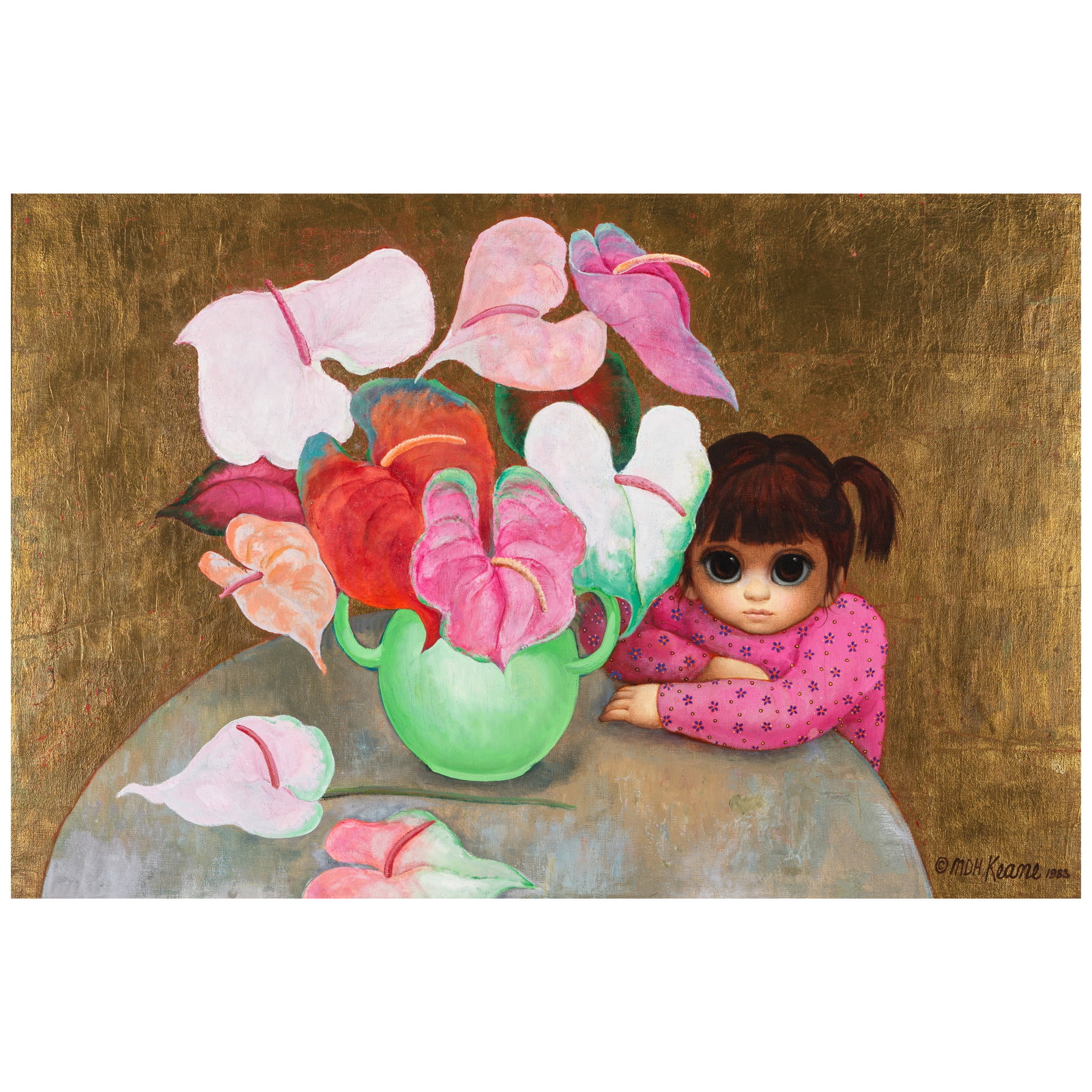 Margaret D.H. Keane (1927-2022) Girl with Anthurium Bouquet 24 x 36 in. (Painted in 1983.): Margaret D.H. Keane (1927-2022) Girl with Anthurium Bouquet signed and dated '© MDH Keane 1983' (lower right) with two Roy Hitchcock stamps (on the reverse) oil and gold leaf on canvas 24 x 36 in