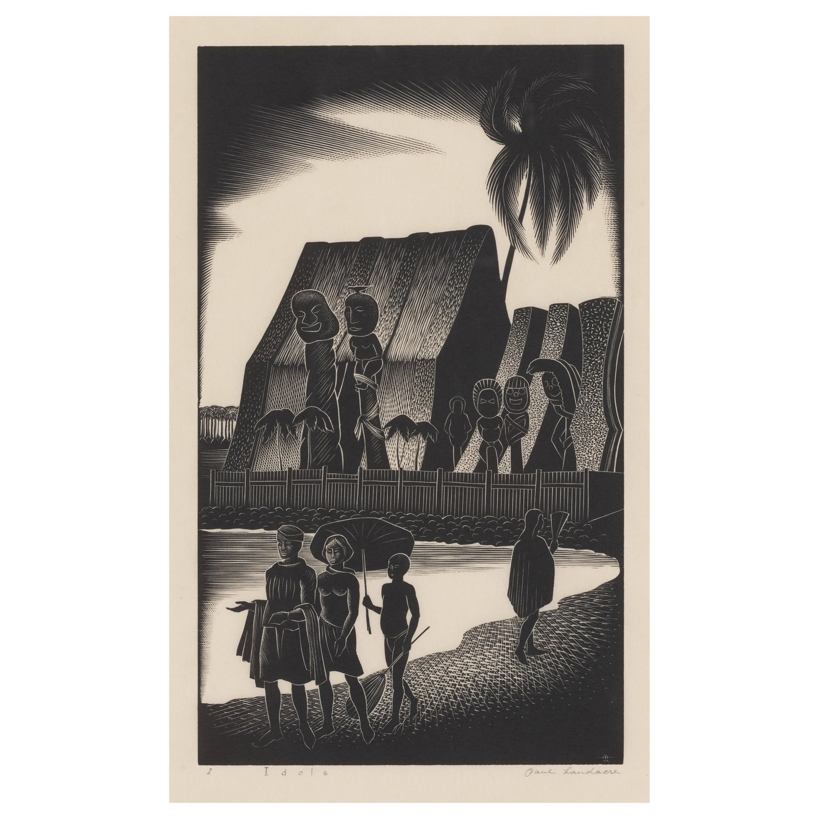 Paul Landacre (1893-1963); Celebration; Royal Temple at Kailua (Idols);: Paul Landacre (1893-1963) Celebration; Royal Temple at Kailua (Idols) (Wien 172; 173), 1935 Two wood engravings on thin laid Japanese paper, each signed in pencil, titled 'Celebration' and 'Idols' res