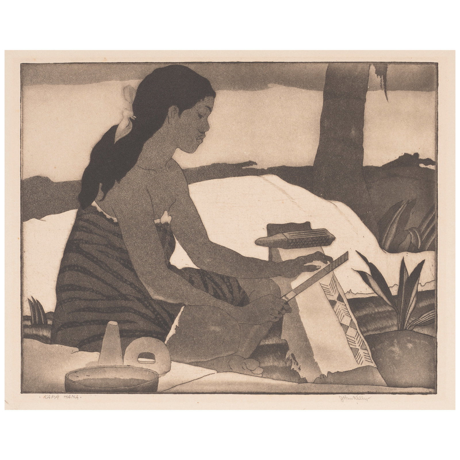 John Melville Kelly (1879-1962); Kapa Hana;: John Melville Kelly (1879-1962) Kapa Hana, c. 1934 Aquatint with etching on wove paper, signed in pencil, titled '·Kapa Hana·' and annotated 'No 4', with margins. plate 7 15/16 x 9 15/16in (