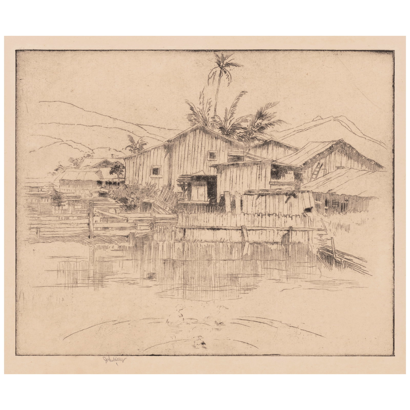 John Melville Kelly (1879-1962); Untitled (Farm); Old Hawaiʻi; (2): John Melville Kelly (1879-1962) Untitled (Farm); Old Hawaiʻi, n.d. Two etchings with aquatint on wove paper, each signed in pencil, one titled '·Old Hawaii·', the other annotated '#7', 