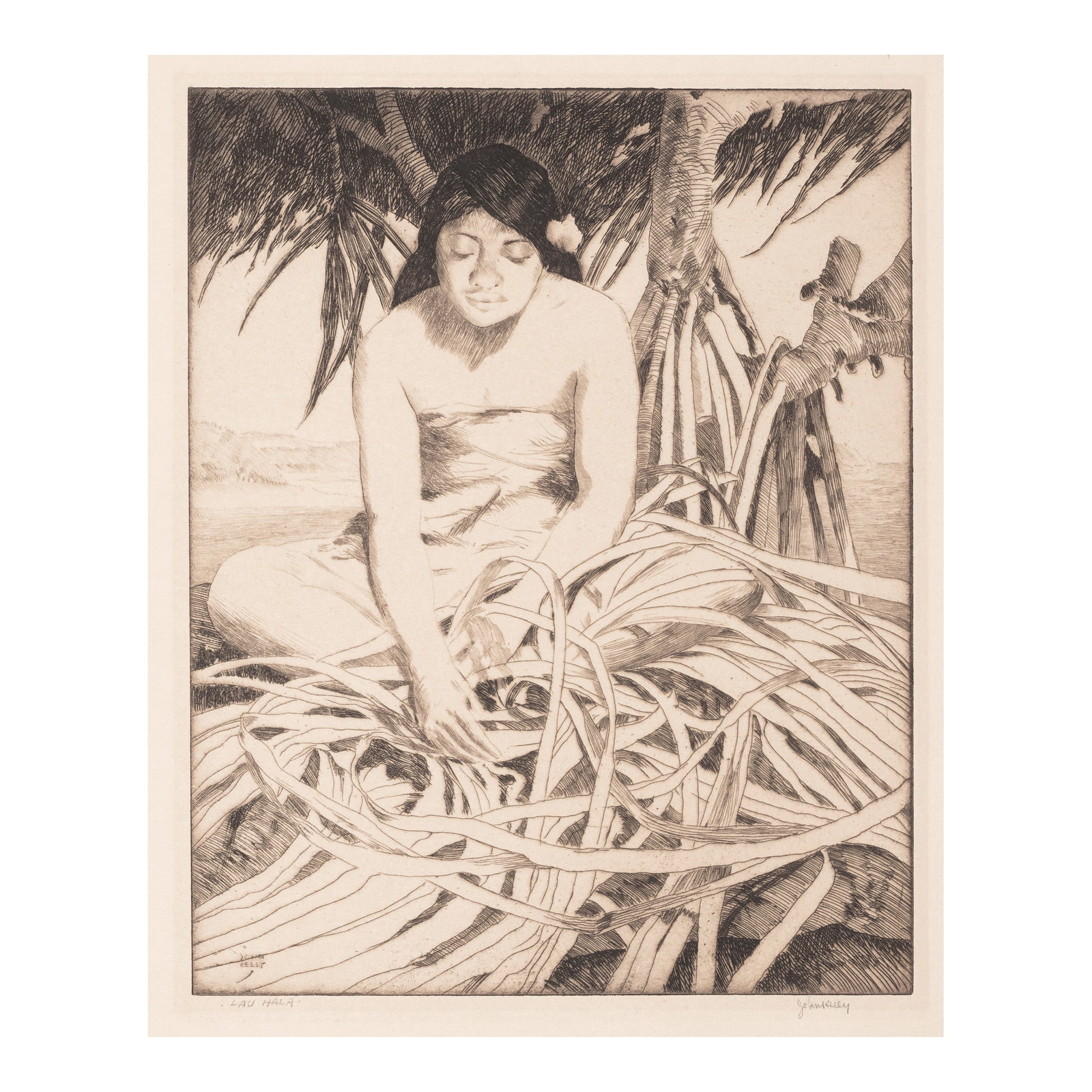 John Melville Kelly (1879-1962); Lau Hala;: John Melville Kelly (1879-1962) Lau Hala, c. 1934 Etching on wove paper, signed in pencil, titled '·Lau Hala·' and annotated 'No 48', with margins. plate 10 x 8in (25.4 x 20.3cm) sheet 13 15