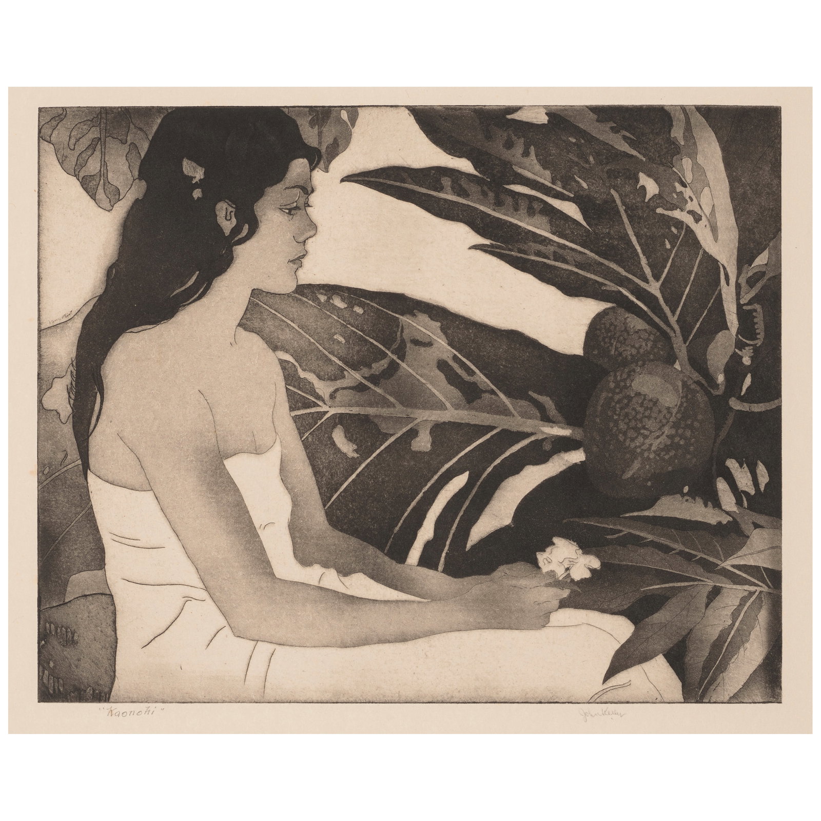 John Melville Kelly (1879-1962); Kaonohi;: John Melville Kelly (1879-1962) Kaonohi, c. 1932 Aquatint with etching on wove paper, signed in pencil, titled and annotated 'No 24', with the artist's blindstamp, with margins. plate 8 x 10in (20.3 x