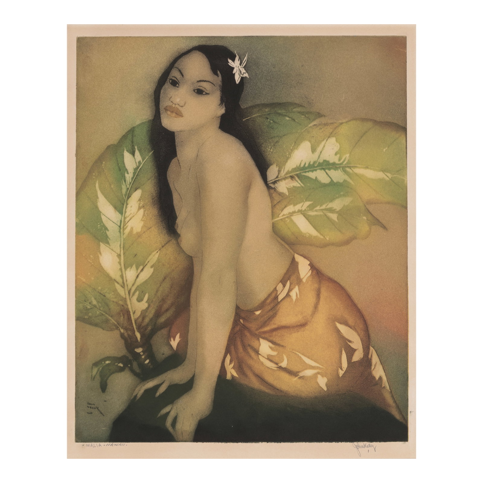 John Melville Kelly (1879-1962); Malia, Hawaiʻi;: John Melville Kelly (1879-1962) Malia, Hawaiʻi, c. 1943 Aquatint and etching in colors on wove paper, signed in pencil and titled '·Malia·Hawaii·', with margins. plate 14 1/2 x 11 