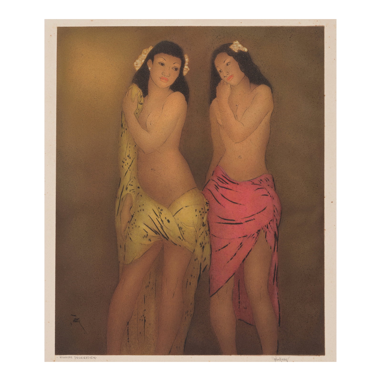 John Melville Kelly (1879-1962); Hawaiian Decoration;: John Melville Kelly (1879-1962) Hawaiian Decoration, n.d. Aquatint and etching in colors on wove paper, signed in pencil and titled '·Hawaiian Decoration·', with margins. plate 14 3/4 x 11 1