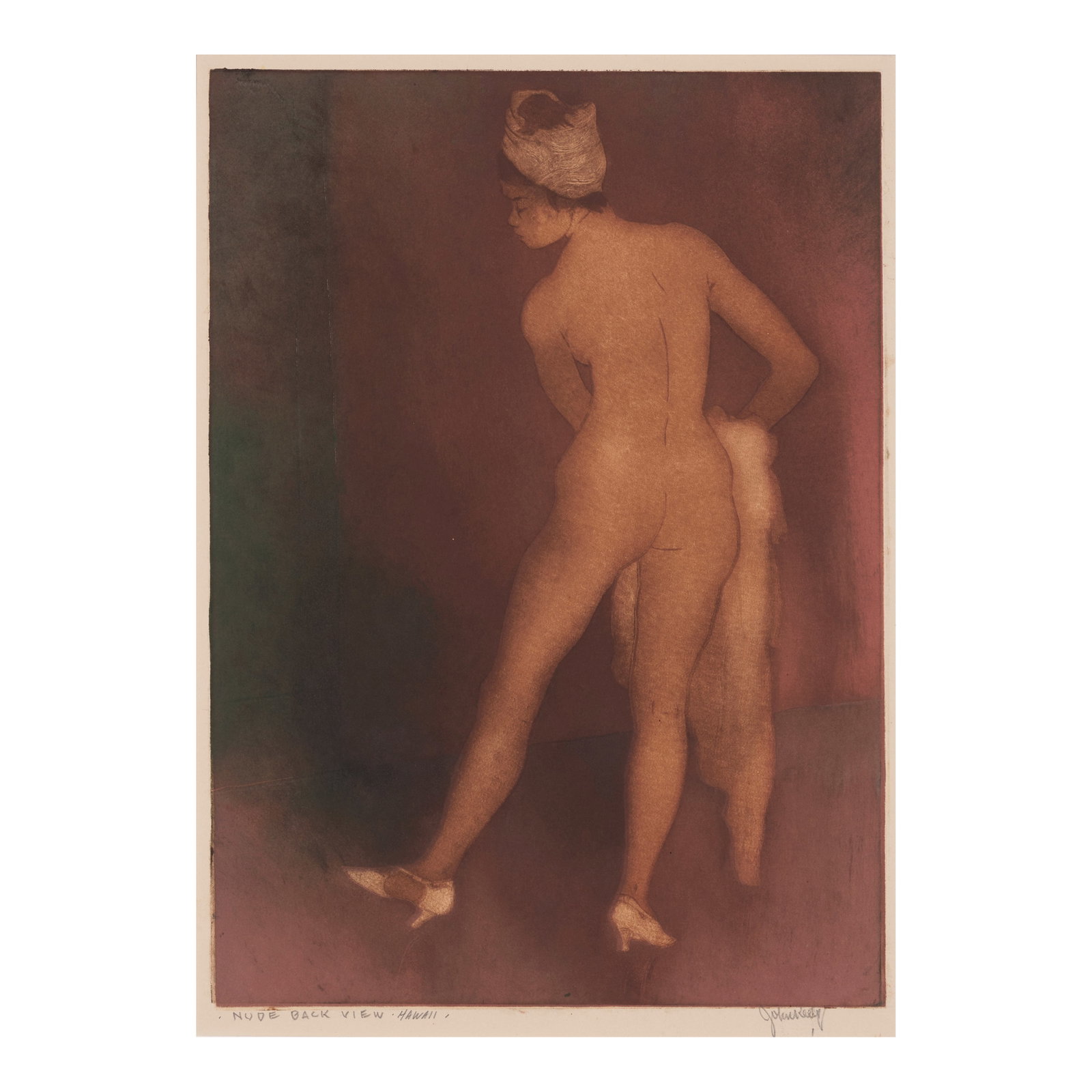 John Melville Kelly (1879-1962); Nude Back View, Hawaiʻi;: John Melville Kelly (1879-1962) Nude Back View, Hawaiʻi, n.d. Aquatint with etching in colors on wove paper, signed in pencil and titled '·Nude Back View·Hawaii·', with the artist'