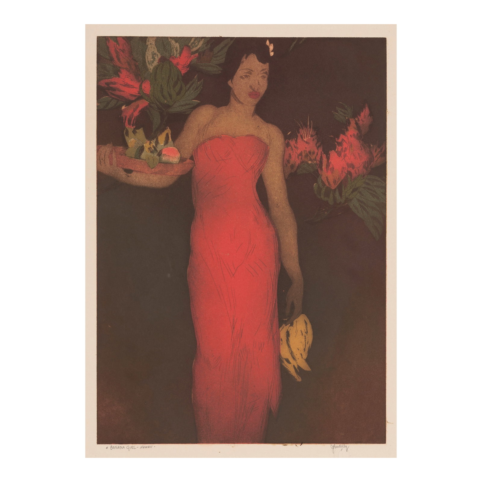 John Melville Kelly (1879-1962); Banana Girl, Hawaiʻi;: John Melville Kelly (1879-1962) Banana Girl, Hawaiʻi, c. 1939 Aquatint in colors on wove paper, signed in pencil and titled '·Banana Girl·Hawaii·', with the artist's blindstamp, wi