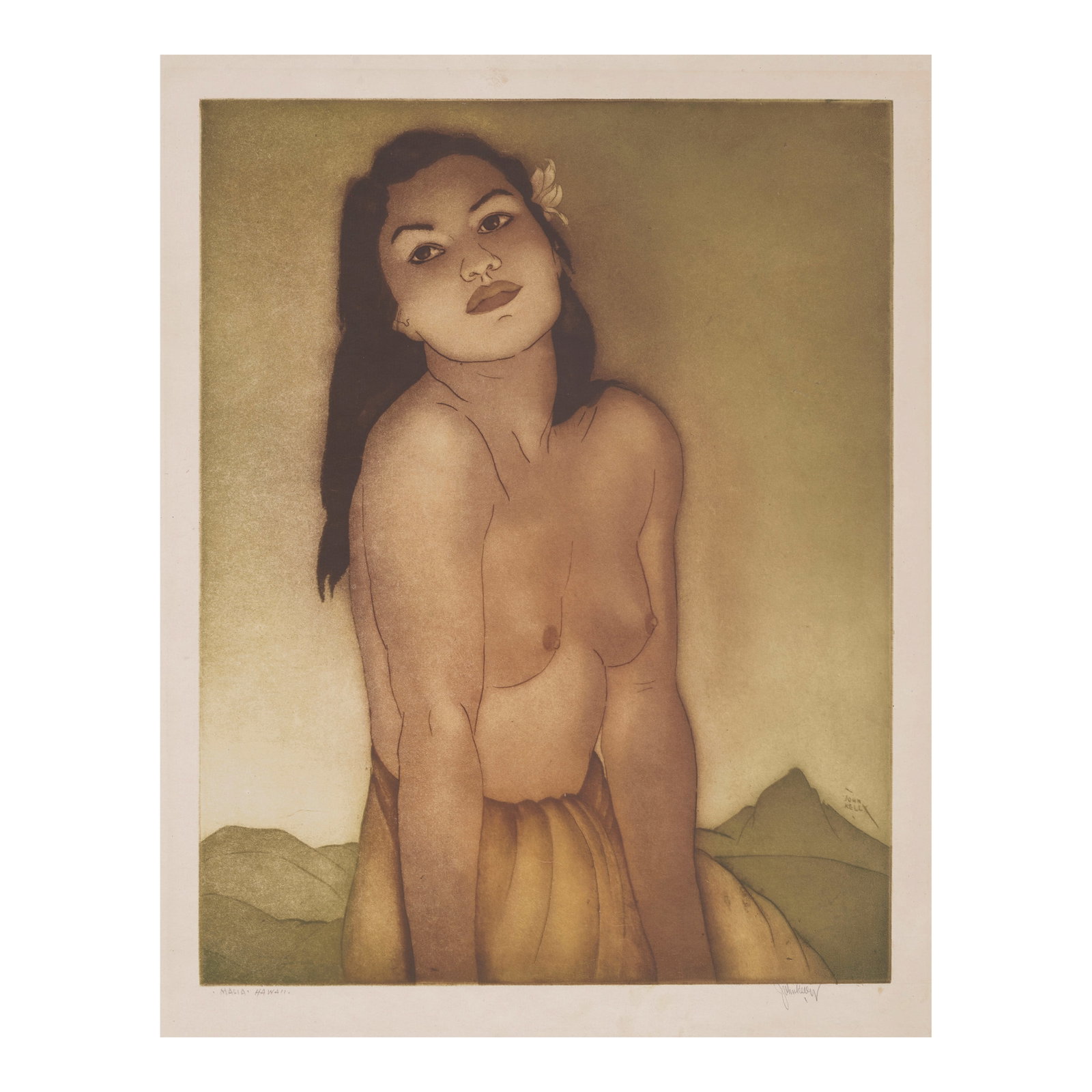 John Melville Kelly (1879-1962); Malia, Hawai'i;: John Melville Kelly (1879-1962) Malia, Hawai'i, c. 1940s Aquatint with etching in colors on laid paper, signed in pencil and titled '·Malia·Hawaii·', with margins. plate 14 5/8 x 11 1/2