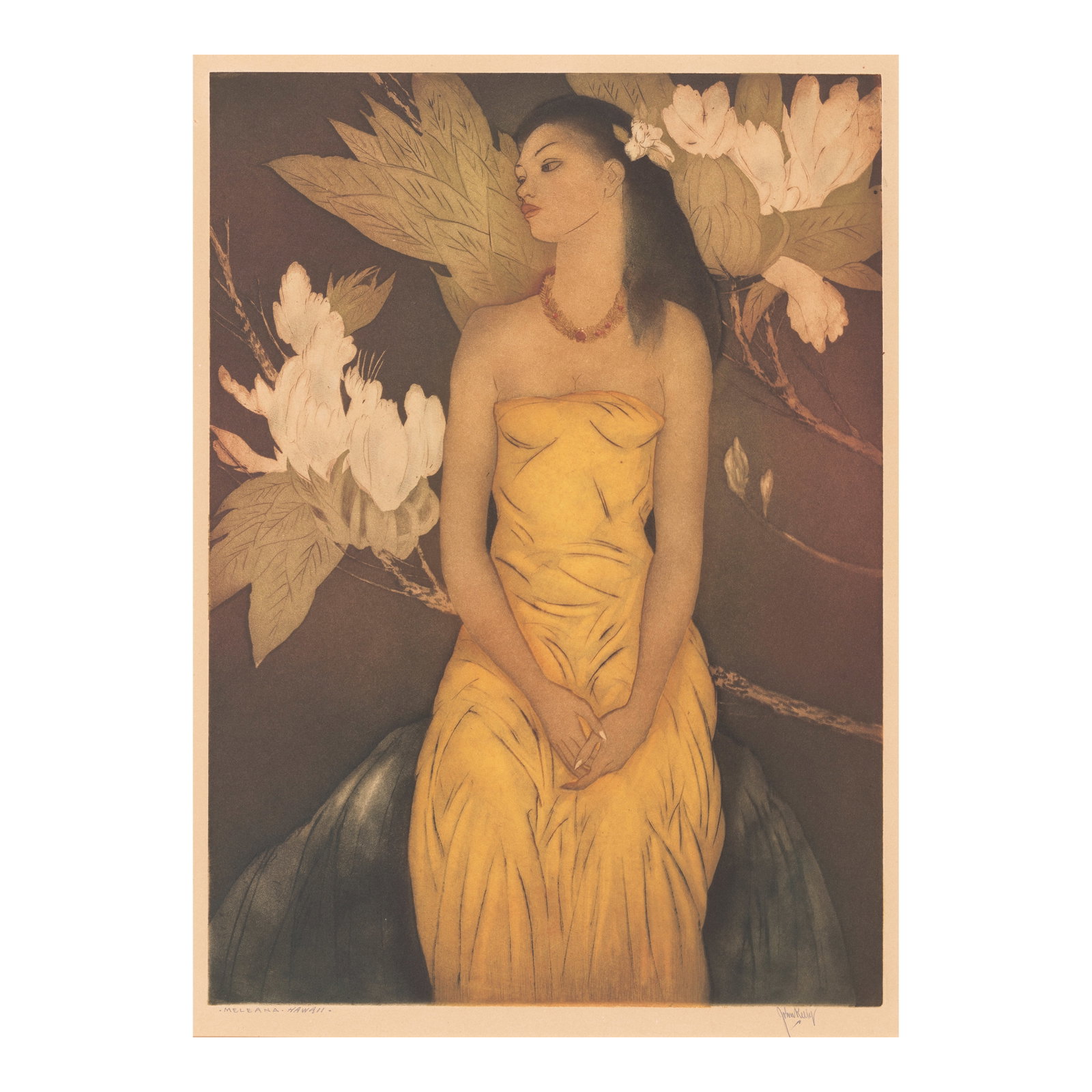 John Melville Kelly (1879-1962); Meleana, Hawaiʻi;: John Melville Kelly (1879-1962) Meleana, Hawaiʻi, c. 1950 Aquatint in colors on wove paper, signed in pencil and titled '·Meleana·Hawaii·', with margins. plate 16 15/16 x 11 7/8in 