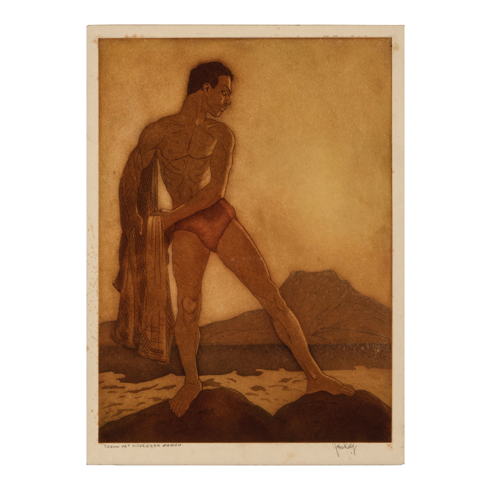 John Melville Kelly (1879-1962); Throw Net Fisherman;: John Melville Kelly (1879-1962) Throw Net Fisherman, n.d. Aquatint with etching in colors on wove paper, signed in pencil and titled 'Throw Net Fisherman Hawaii', with the artist's blindstamp, framed.