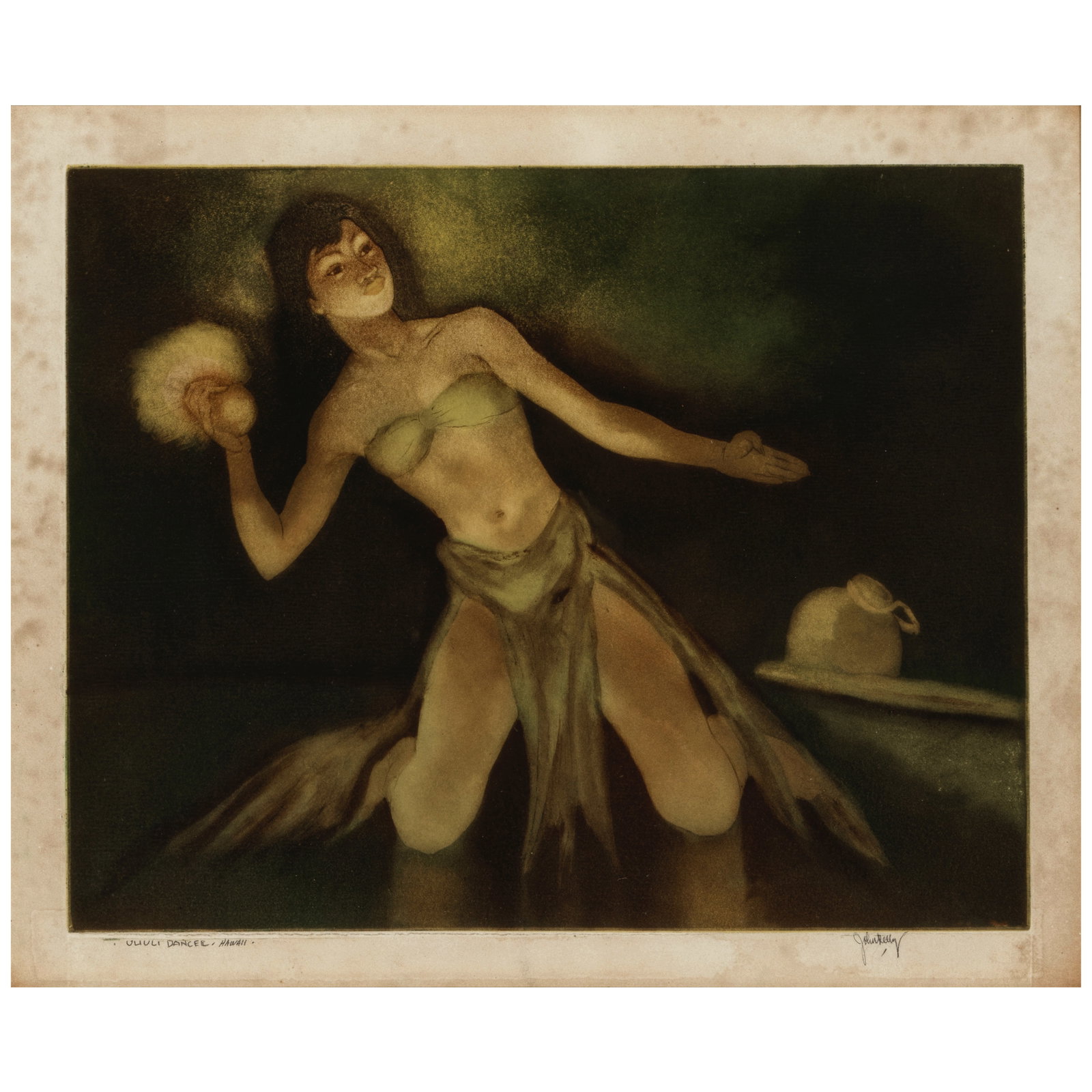 John Melville Kelly (1879-1962); Uliʻuli Dancer, Hawaiʻi;: John Melville Kelly (1879-1962) Uliʻuli Dancer, Hawaiʻi, n.d. Aquatint with etching in colors on laid paper, signed in pencil and titled '·Uli Uli Dancer·Hawaii·', with the ar