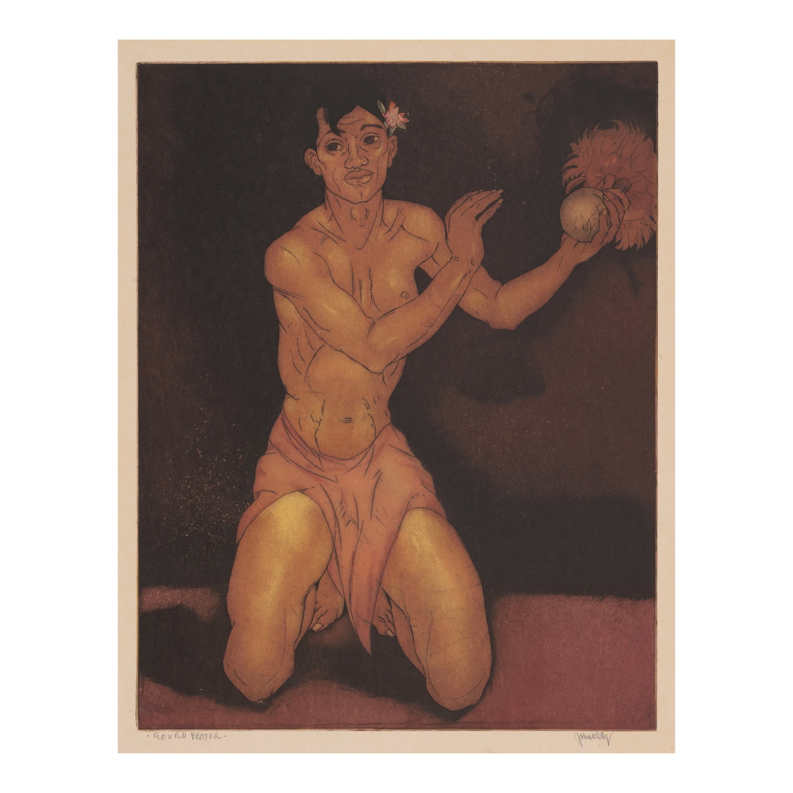 John Melville Kelly (1879-1962); Gourd Beater;: John Melville Kelly (1879-1962) Gourd Beater, n.d. Aquatint and etching in colors on wove paper, signed in pencil and titled '·Gourd Beater·', with the artist's blindstamp, with margins. pla