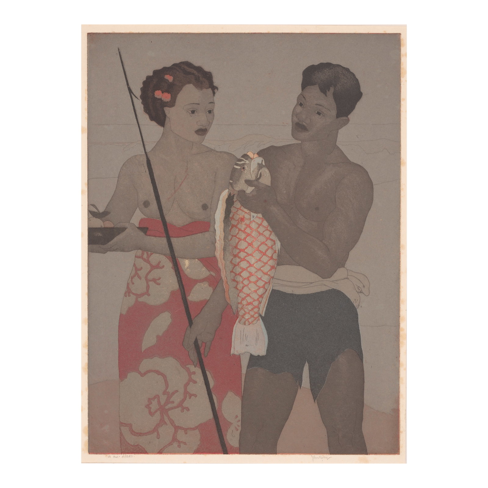 John Melville Kelly (1879-1962); Ia Nui, Hawai'i;: John Melville Kelly (1879-1962) Ia Nui, Hawai'i, n.d. Aquatint in colors on japon paper, signed in pencil and titled '·Ia Nui·Hawaii·', with margins. plate 13 3/8 x 10in (34 x 25.4cm) s