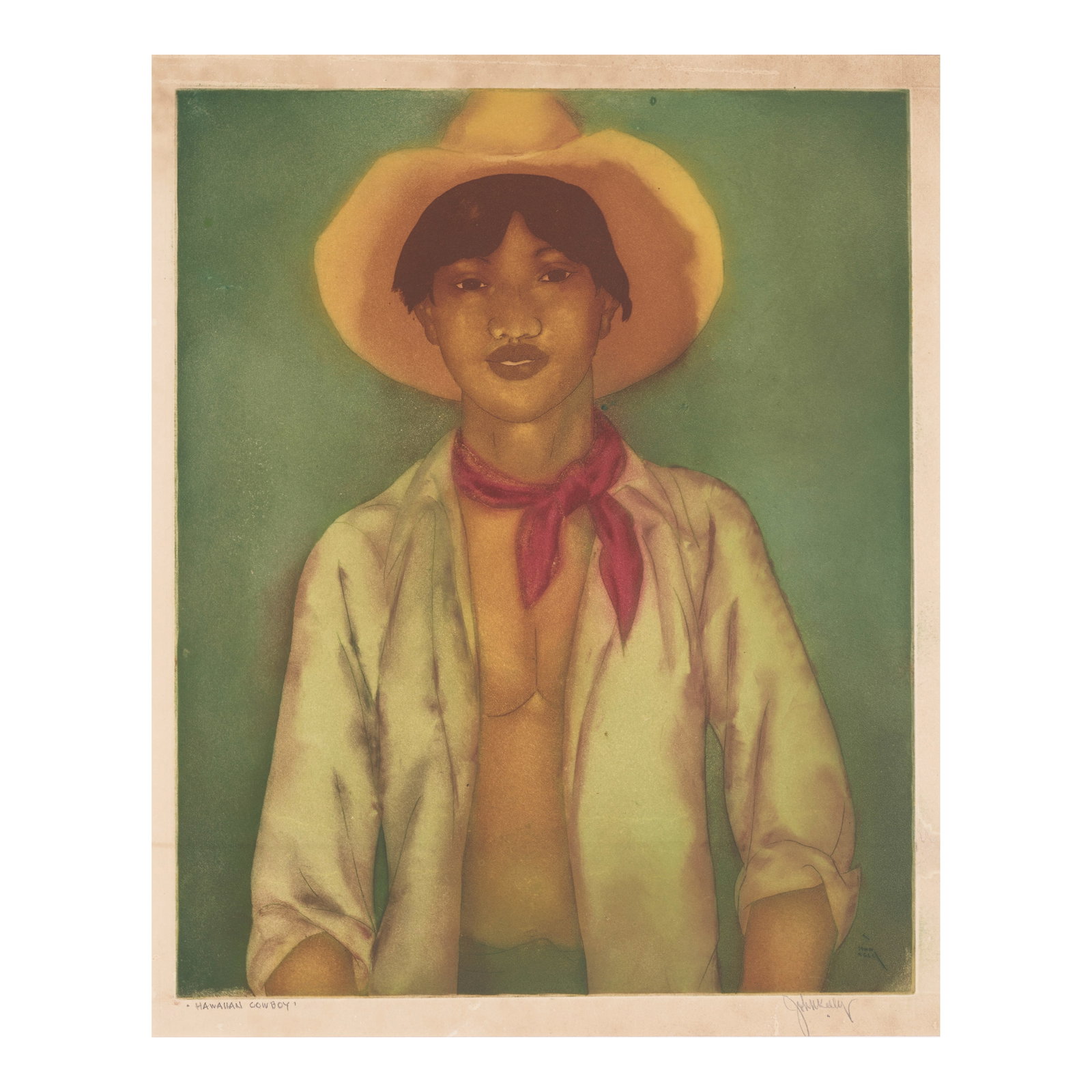 John Melville Kelly (1879-1962); Hawaiian Cowboy;: John Melville Kelly (1879-1962) Hawaiian Cowboy, c. 1940-50s Aquatint and etching in colors on wove paper, signed in pencil and titled '·Hawaiian Cowboy·, with the artist's blindstamp, with 