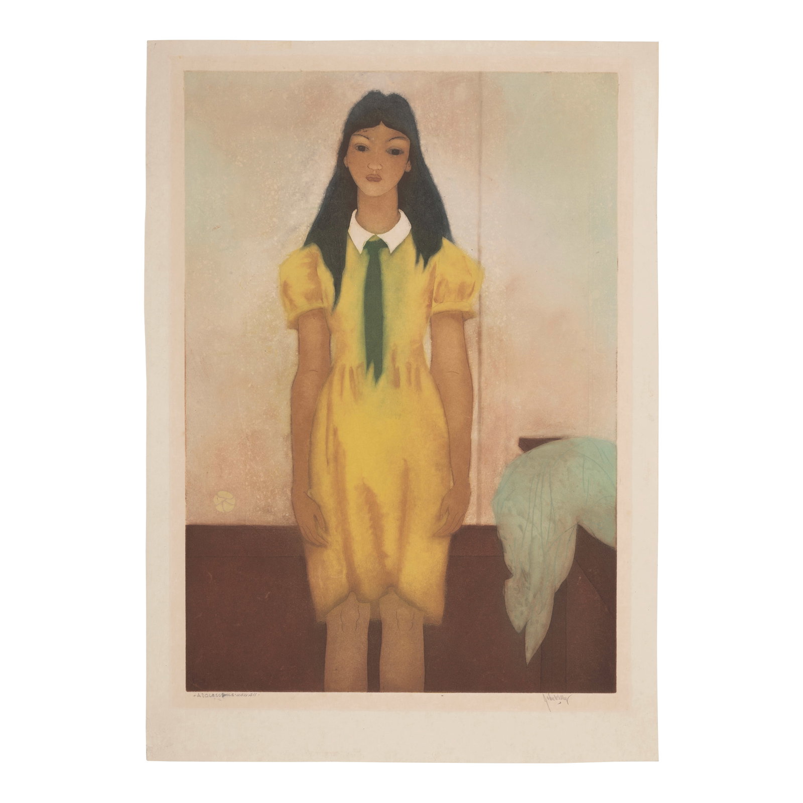 John Melville Kelly (1879-1962); Adolescence, Hawaiʻi;: John Melville Kelly (1879-1962) Adolescence, Hawaiʻi, n.d. Etching with aquatint in colors on japon paper, signed in pencil and titled '·Adolescence·Hawaii', with margins. plate 17 3/4 