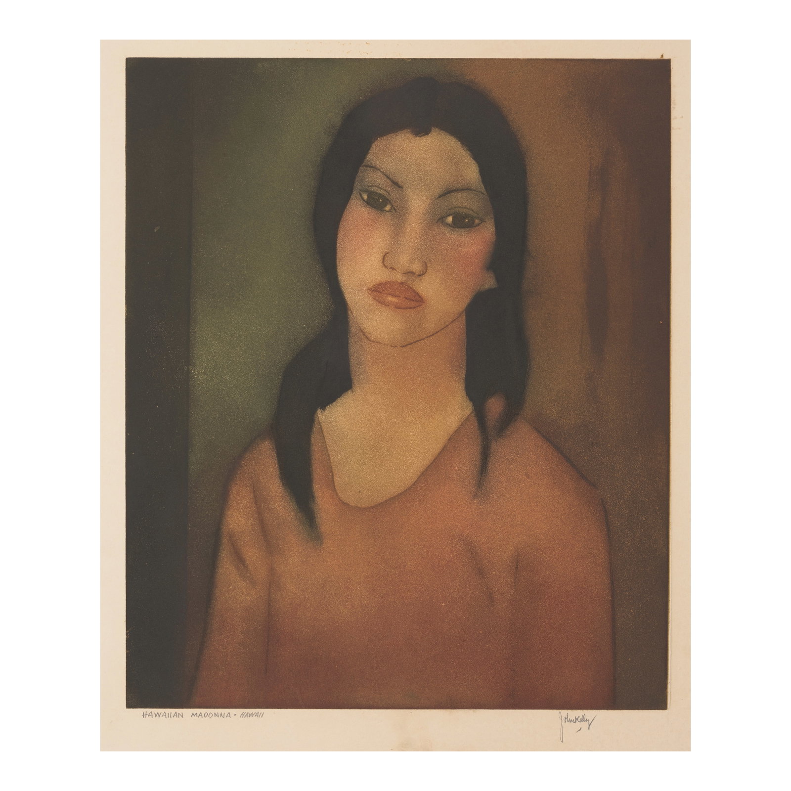 John Melville Kelly (1879-1962); Hawaiian Madonna;: John Melville Kelly (1879-1962) Hawaiian Madonna, n.d. Aquatint with etching in colors on wove paper, signed in pencil and titled '·Hawaiian Madonna·Hawaii', with the artist's blindstamp, wi