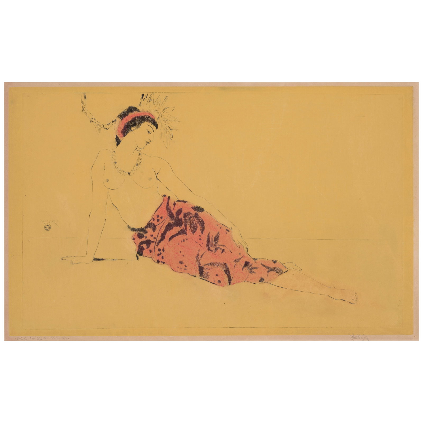 John Melville Kelly (1879-1962); Hoʻo Nanea, Hawaiʻi;: John Melville Kelly (1879-1962) Hoʻo Nanea, Hawaiʻi, n.d. Aquatint with etching in colors on wove paper, signed in pencil and titled '·Ho'o Nanea·Hawaii·', with margins. plate