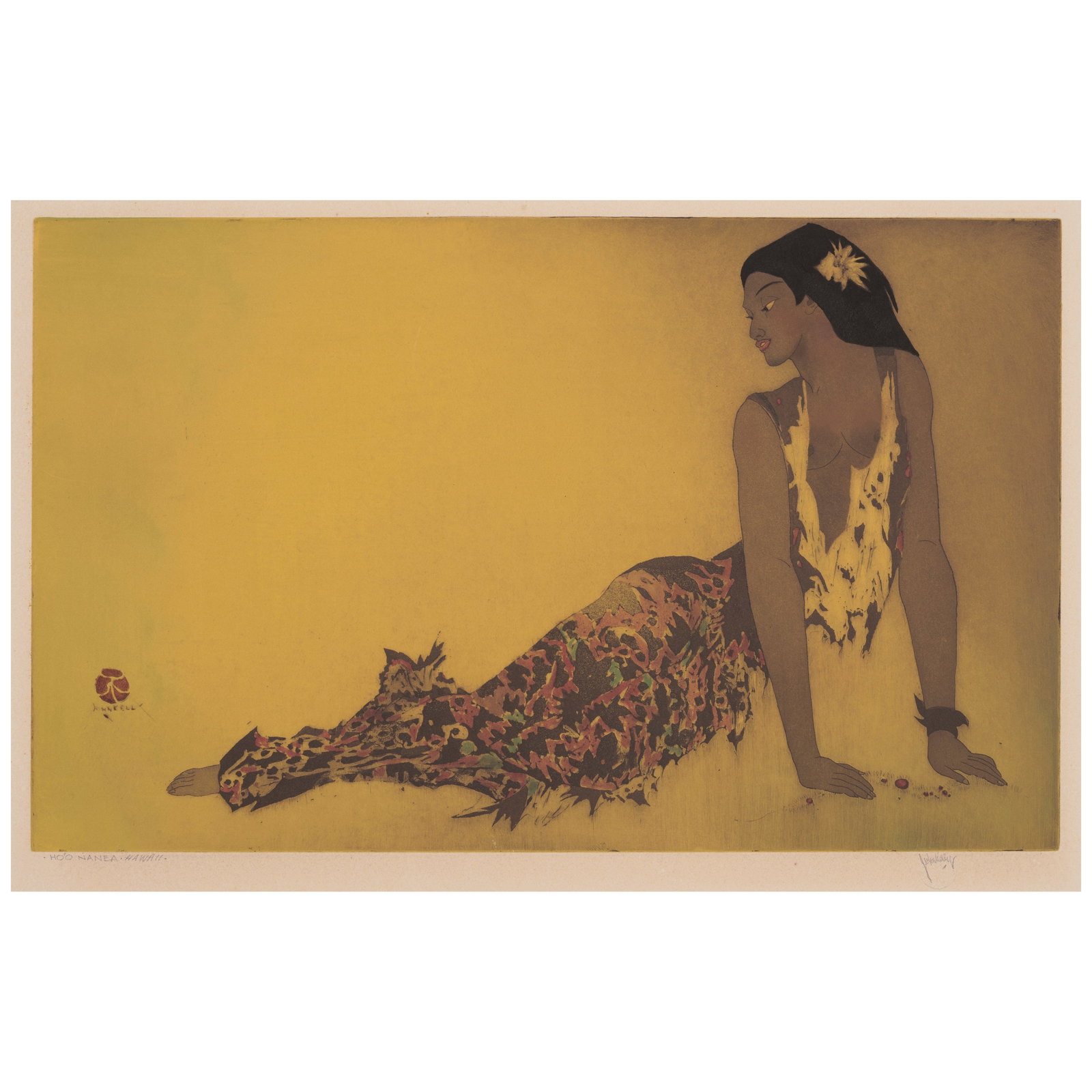 John Melville Kelly (1879-1962); Hoʻo Nanea, Hawaiʻi;: John Melville Kelly (1879-1962) Hoʻo Nanea, Hawaiʻi, n.d. Aquatint and etching in colors on wove paper, signed in pencil and titled '·Ho'o Nanea·Hawaii·', with the artist's bl