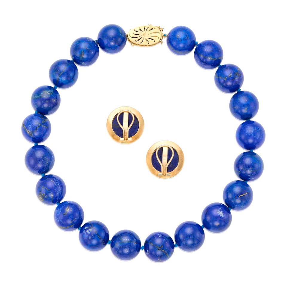 14K YELLOW GOLD AND LAPIS LAZULI NECKLACE AND EARRINGS - 2