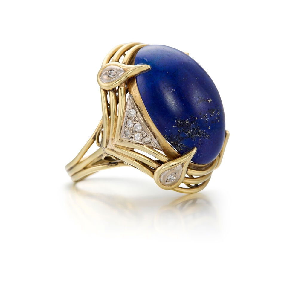14K YELLOW GOLD, LAPIS LAZULI, AND DIAMOND RING - 2